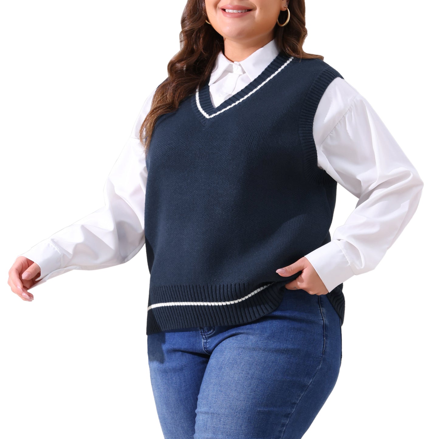 Women Plus Size Sweater Vest V Neck Stripe Cable Knit Sleeveless Pullover Sweater Vest