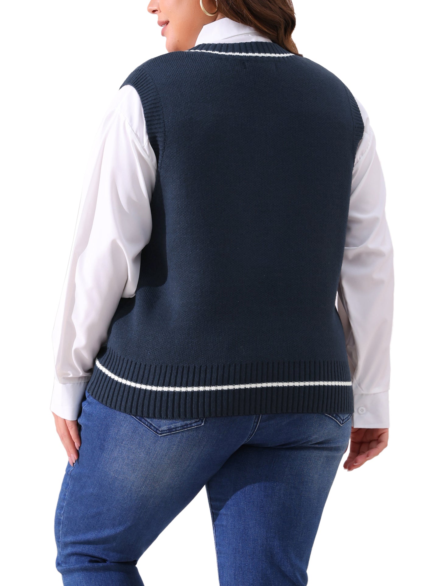 Women Plus Size Sweater Vest V Neck Stripe Cable Knit Sleeveless Pullover Sweater Vest