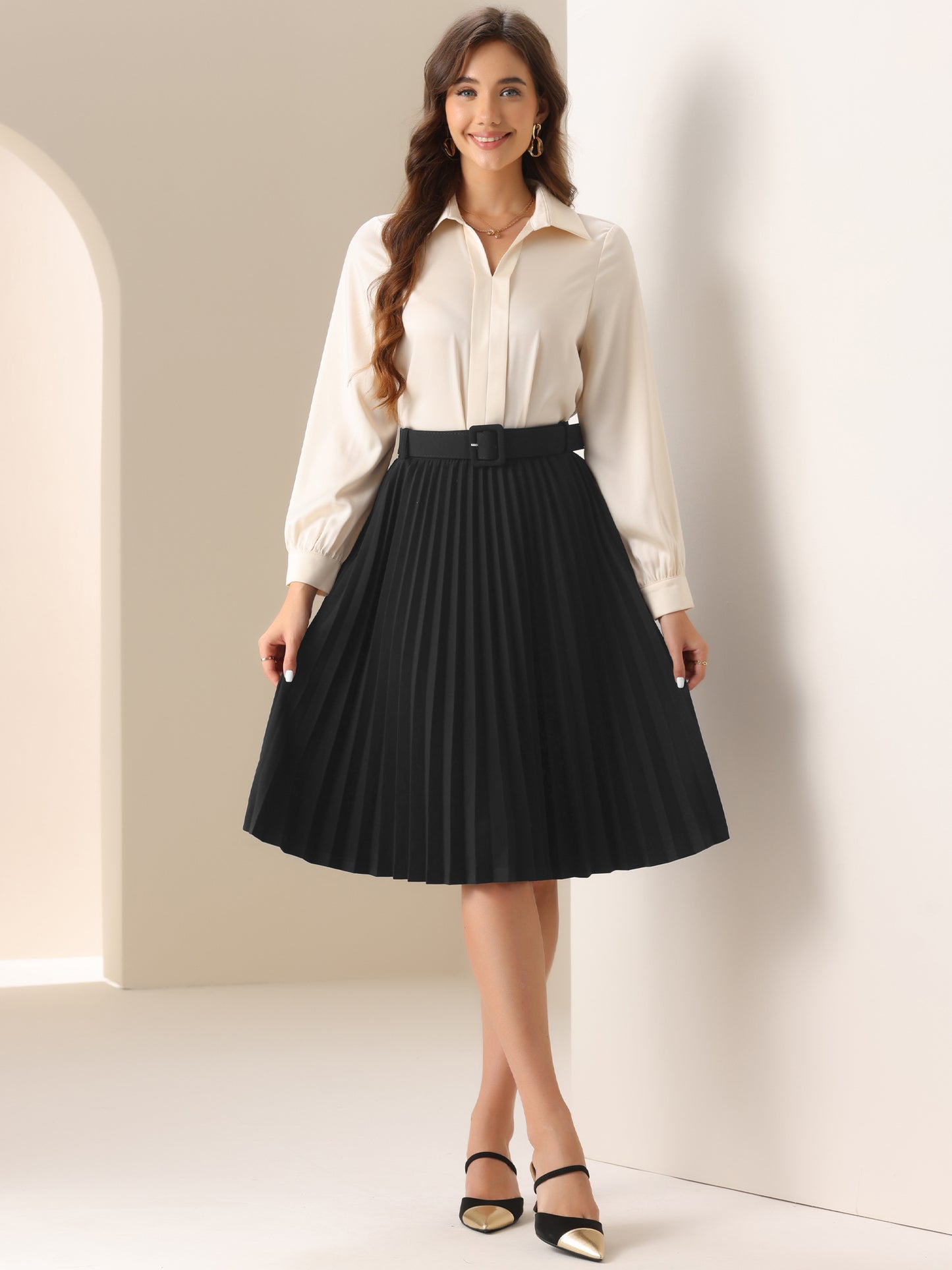Women's Pleated Elastic High Waist Belt A-Line Midi Skirt