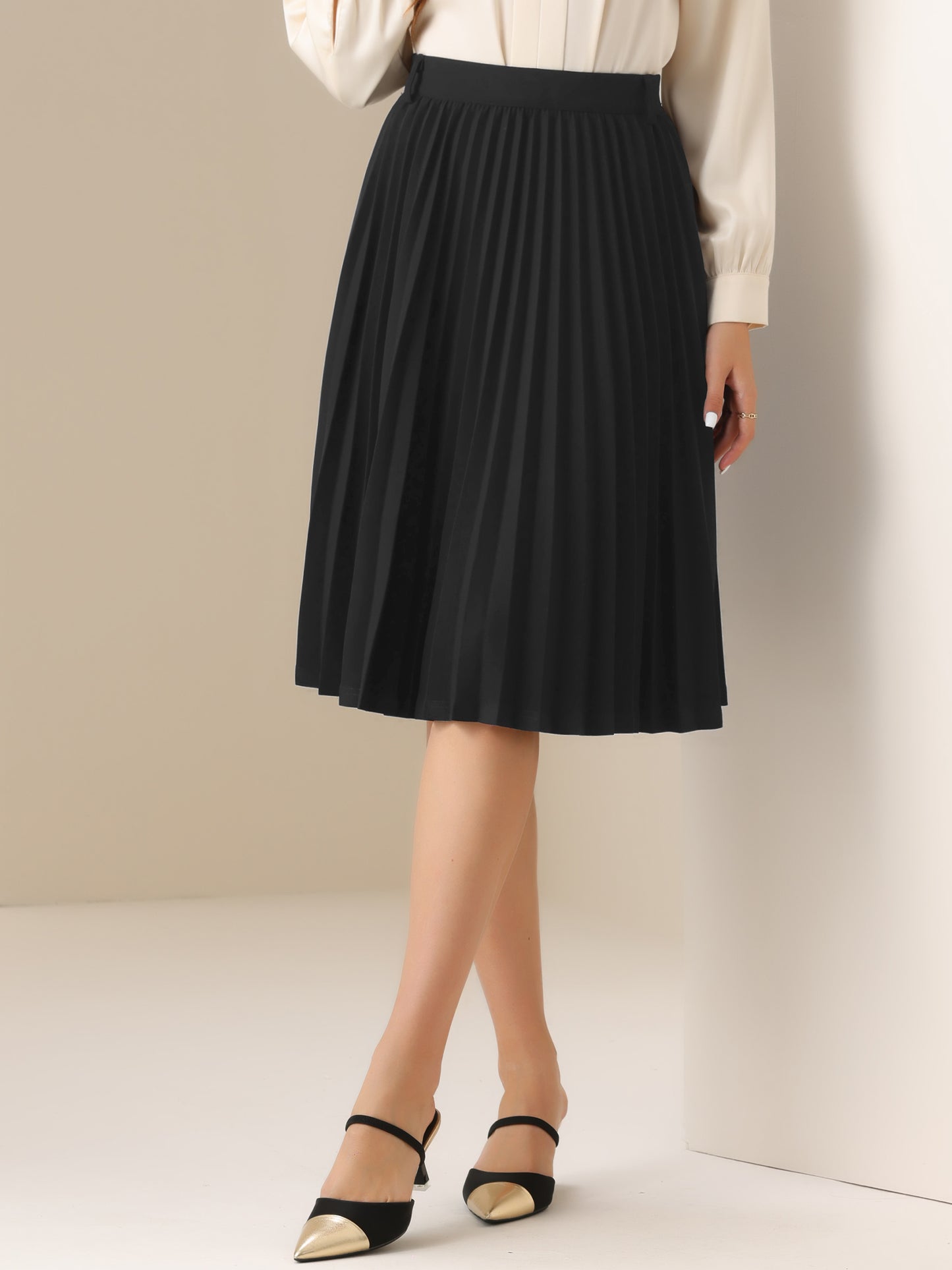 Women's Pleated Elastic High Waist Belt A-Line Midi Skirt