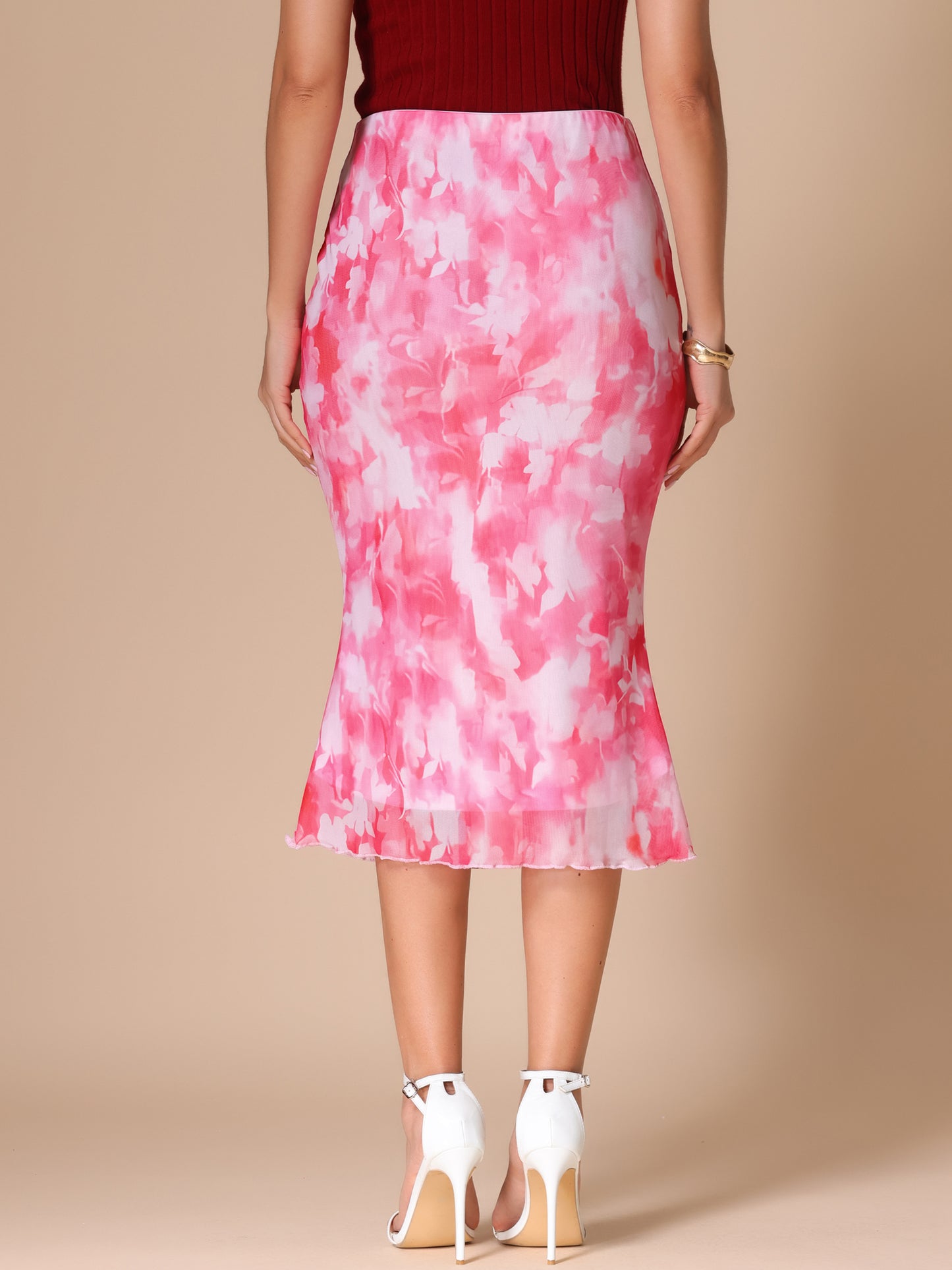 Women's Bohemian Tie Dye Fishtail Bodycon Summer Mesh Midi Skirt