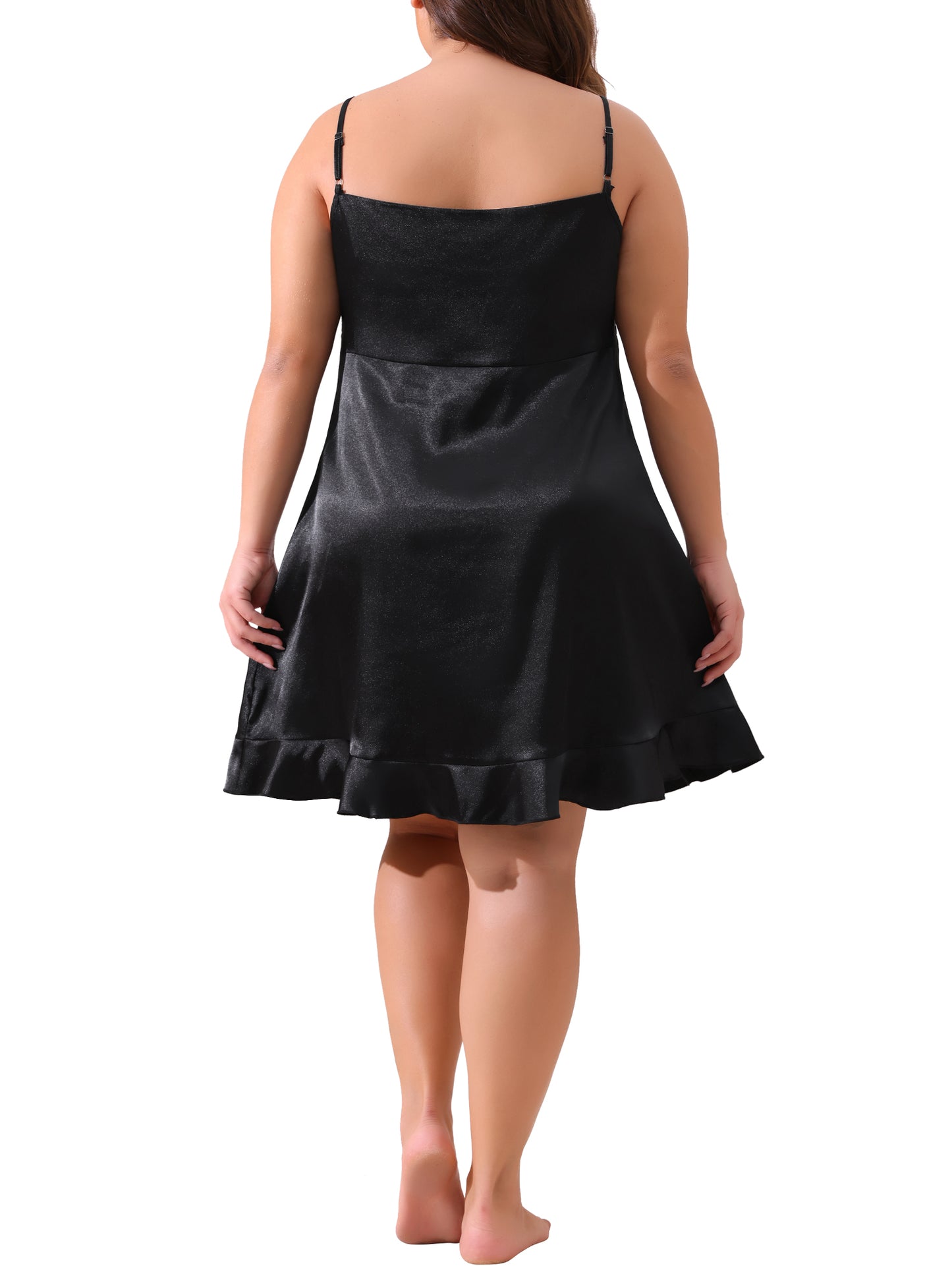 Women Plus Size Nightgown Satin Sexy Lingerie V-Neck Sleeveless Ruffle Trim Cami Dress Sleepwear