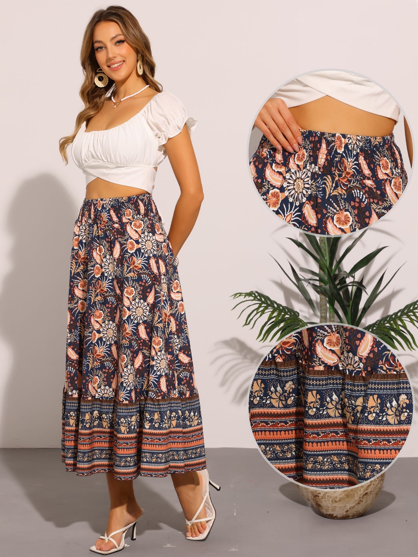 Women's Boho Elastic High Waist Floral Flowy Maxi Skirt