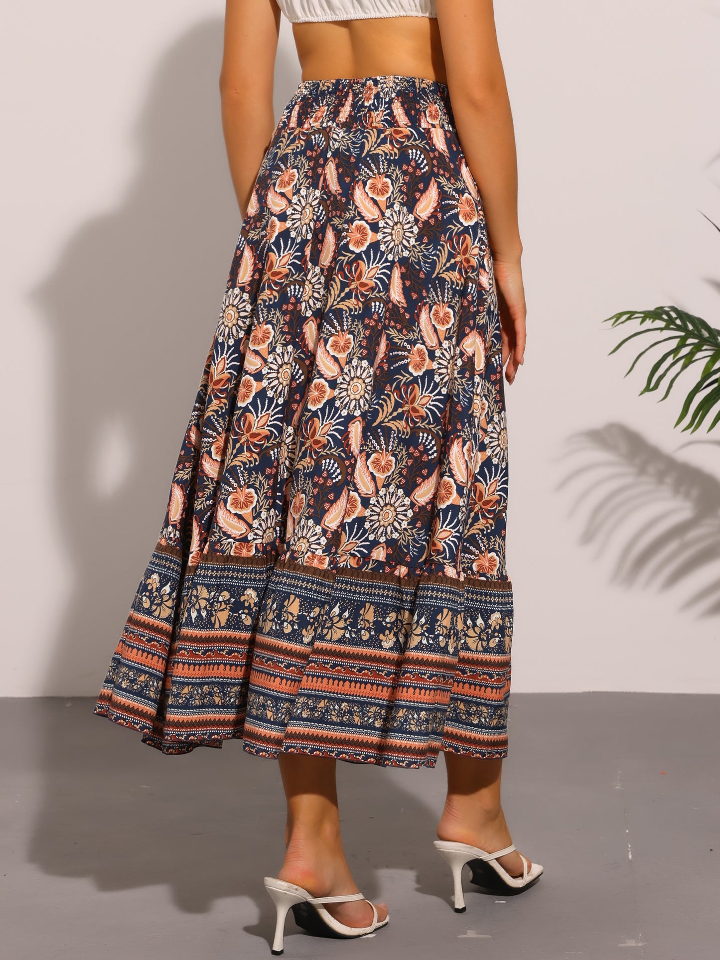 Women's Boho Elastic High Waist Floral Flowy Maxi Skirt