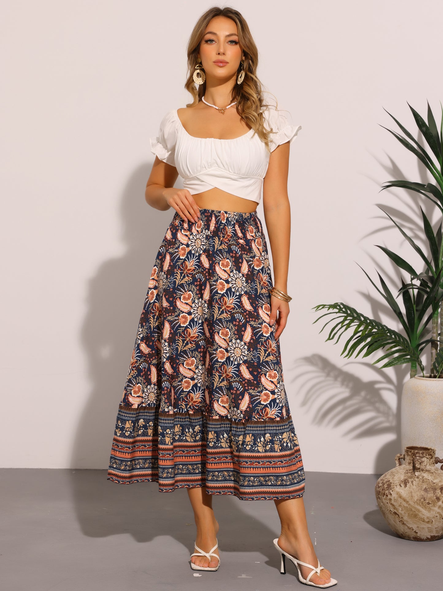 Women's Boho Elastic High Waist Floral Flowy Maxi Skirt