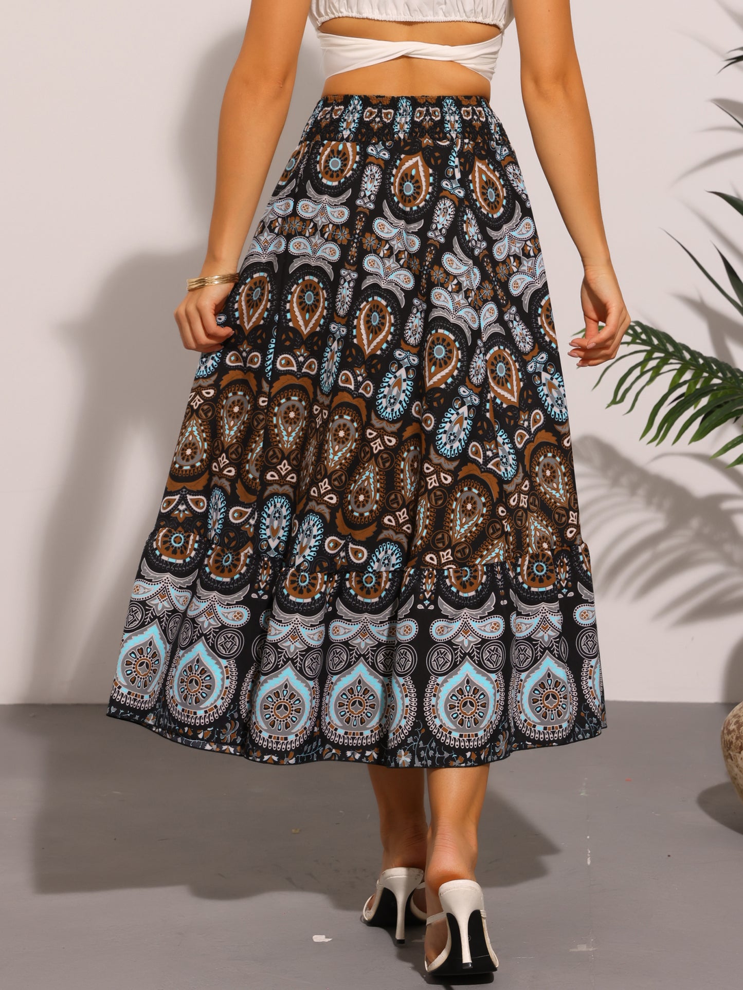 Women's Boho Elastic High Waist Floral Flowy Maxi Skirt