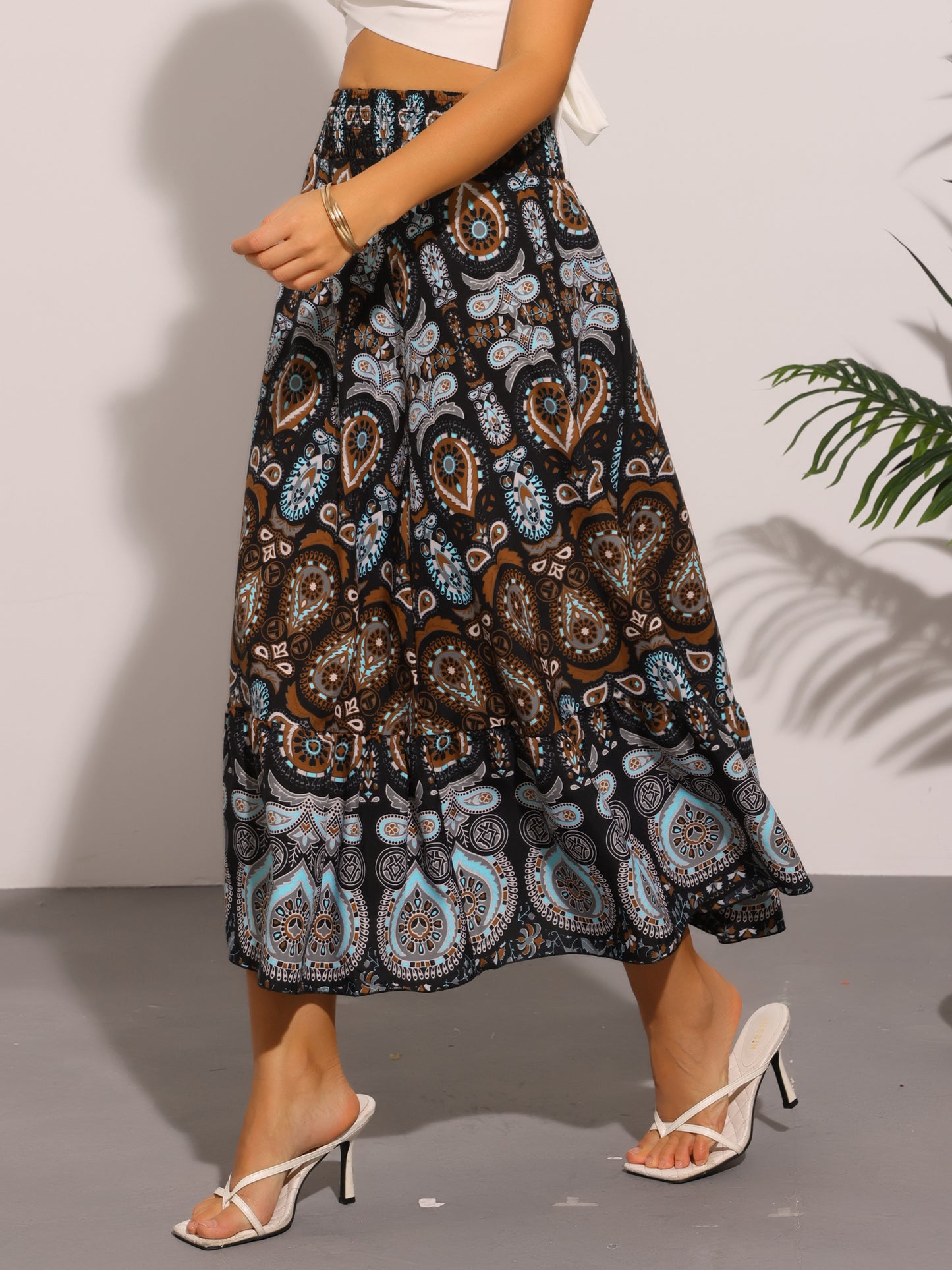 Women's Boho Elastic High Waist Floral Flowy Maxi Skirt