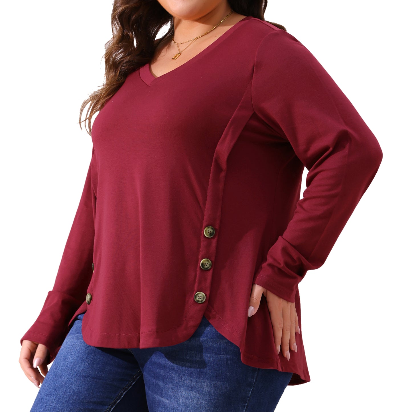 Women Plus Size Tops Casual V Neck Loose Button Side Long Sleeve Basic Swing Tunic