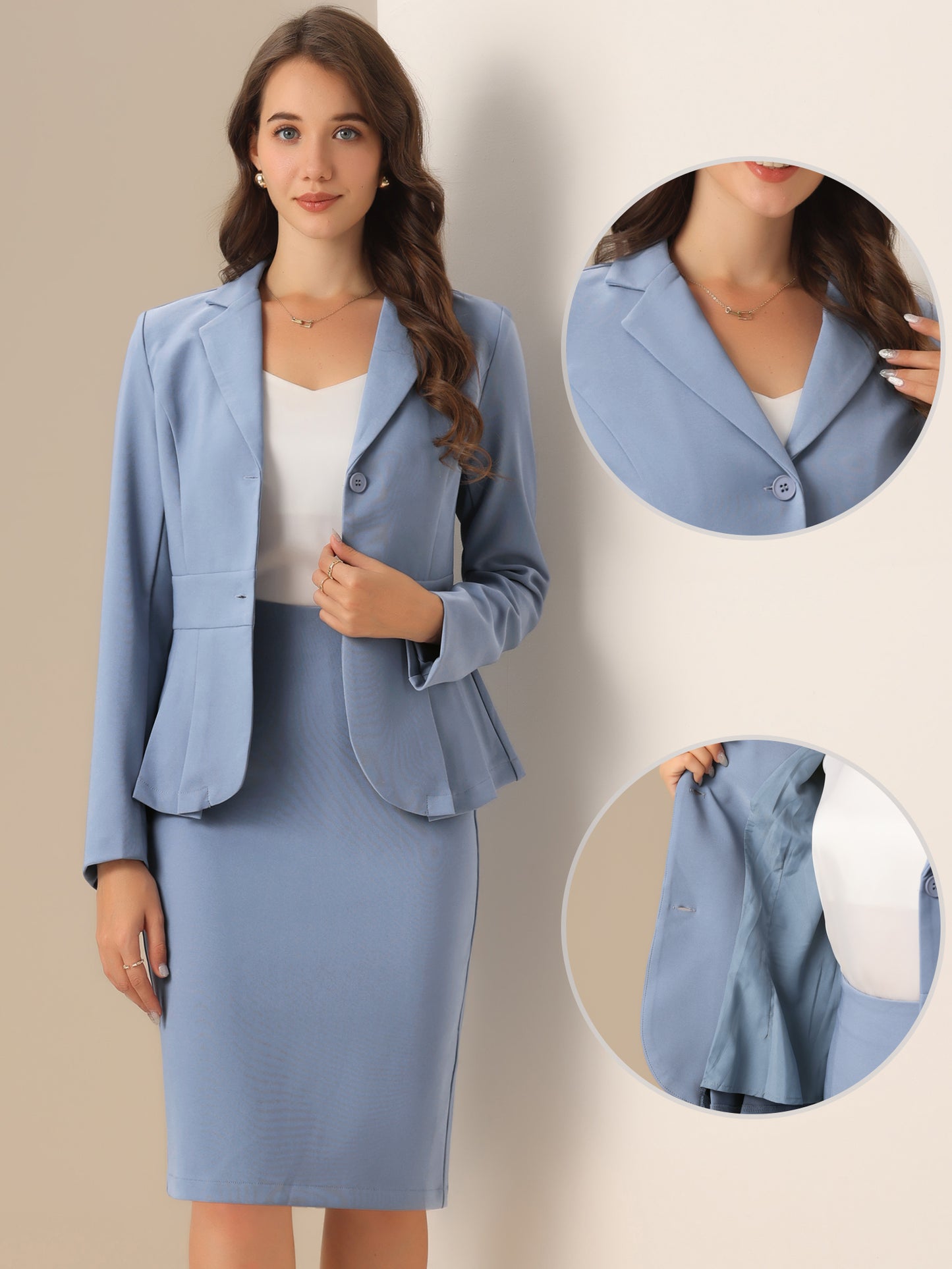 Women's 2 Piece Skirt Suit Set Formal Notched Lapel Peplum Blazer Pencil Skirt