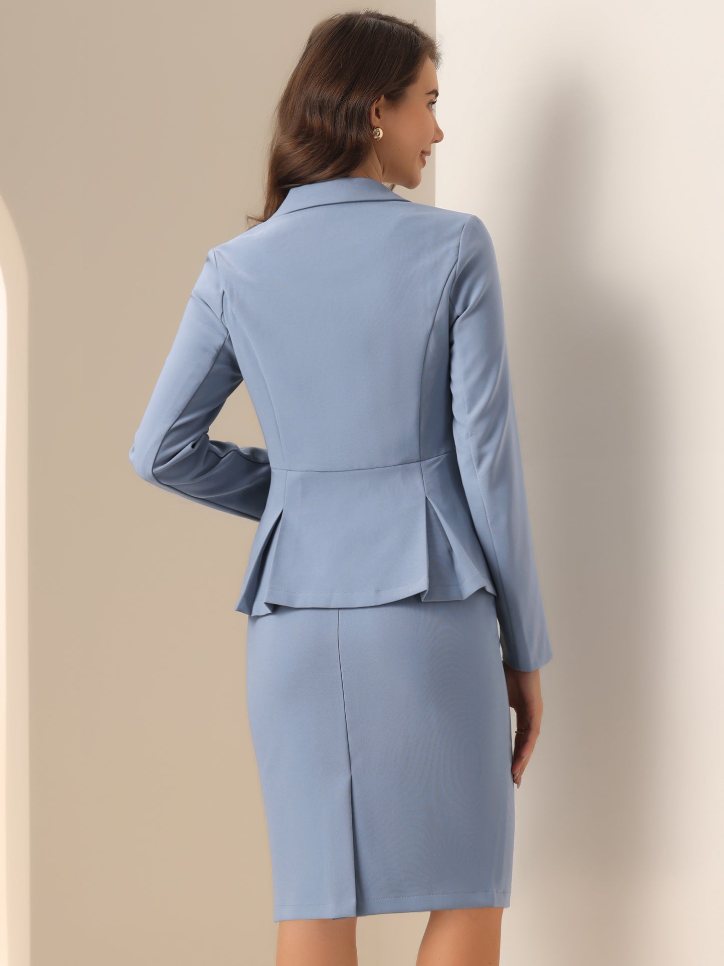 Women's 2 Piece Skirt Suit Set Formal Notched Lapel Peplum Blazer Pencil Skirt