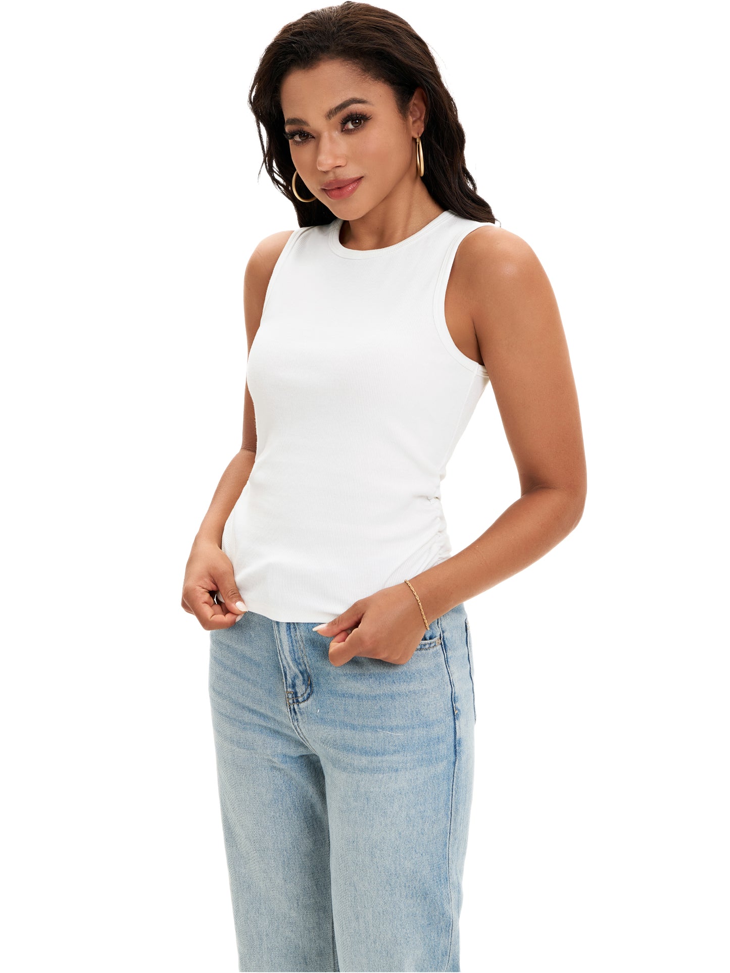 Womens Tank Top Summer Sleeveless Ribbed High Neck Side Ruched Casual Basic Top