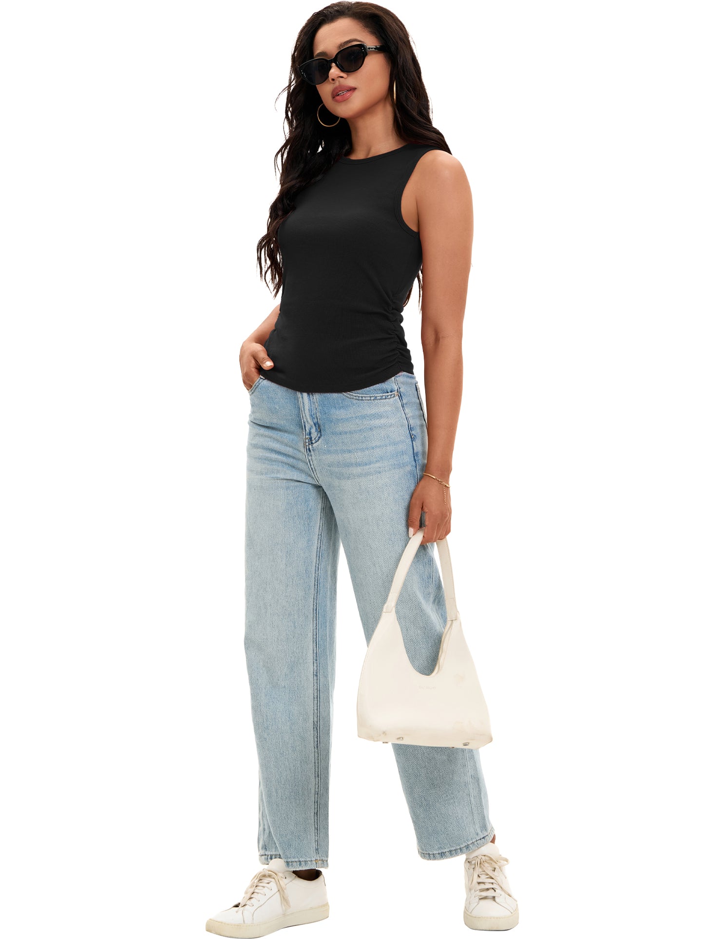 Womens Tank Top Summer Sleeveless Ribbed High Neck Side Ruched Casual Basic Top
