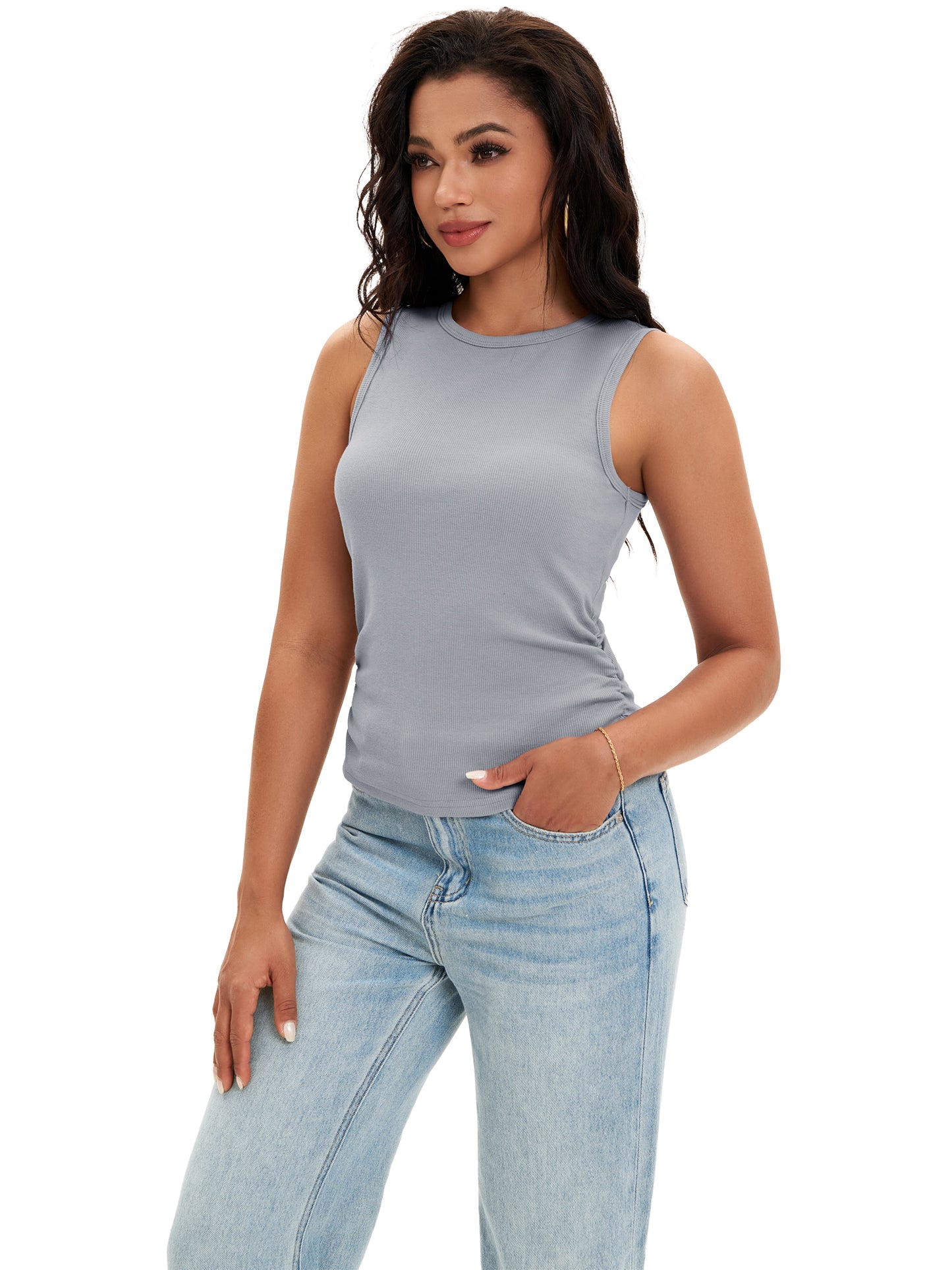 Womens Tank Top Summer Sleeveless Ribbed High Neck Side Ruched Casual Basic Top