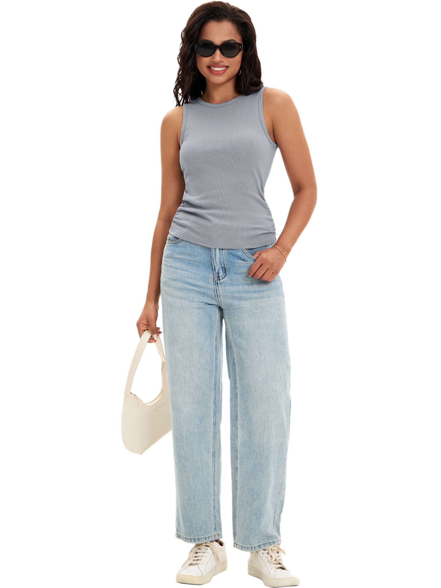 Womens Tank Top Summer Sleeveless Ribbed High Neck Side Ruched Casual Basic Top