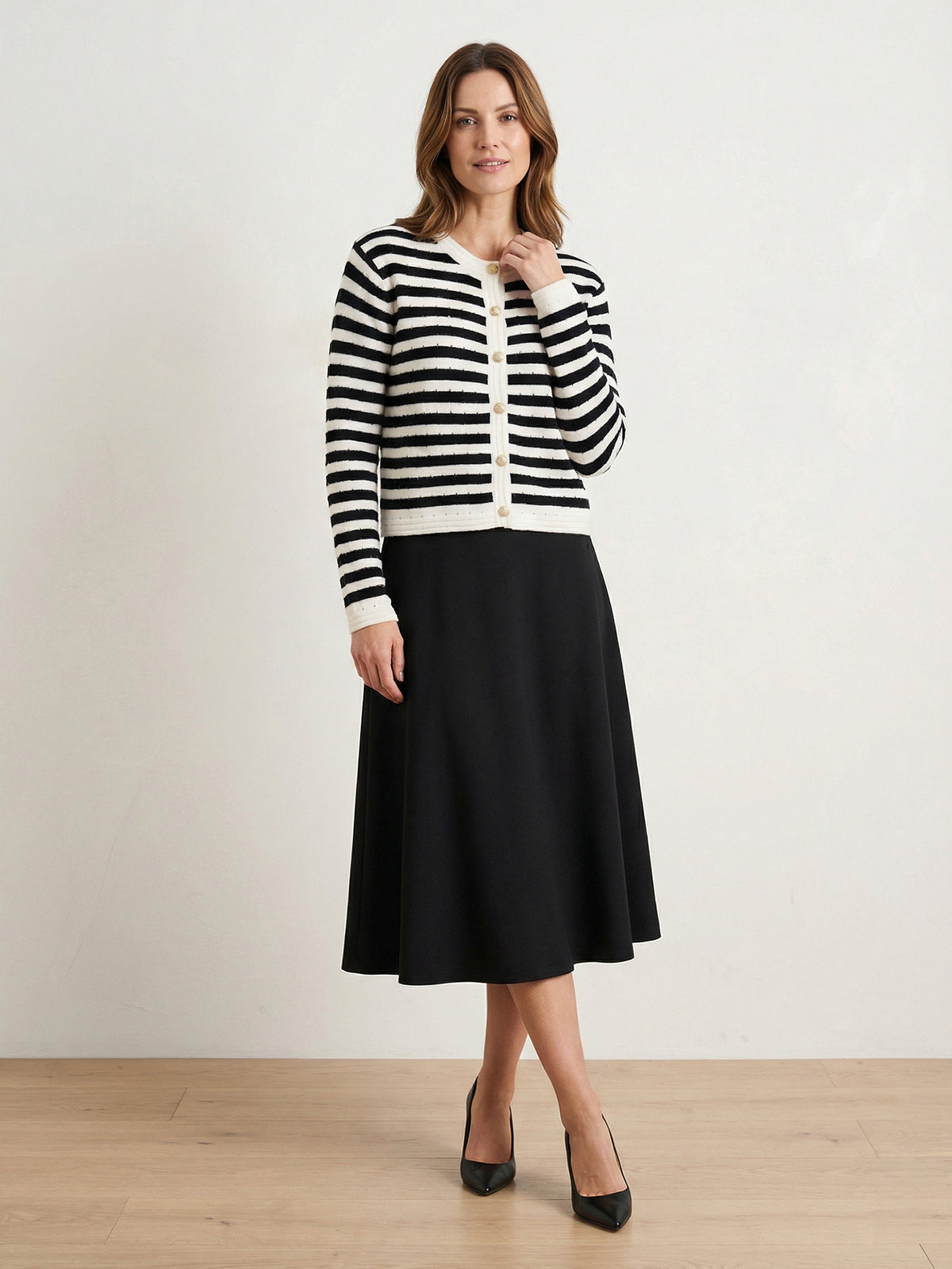 Women's Striped Cardigan Sweater Long Sleeve Knit Ribbed Top