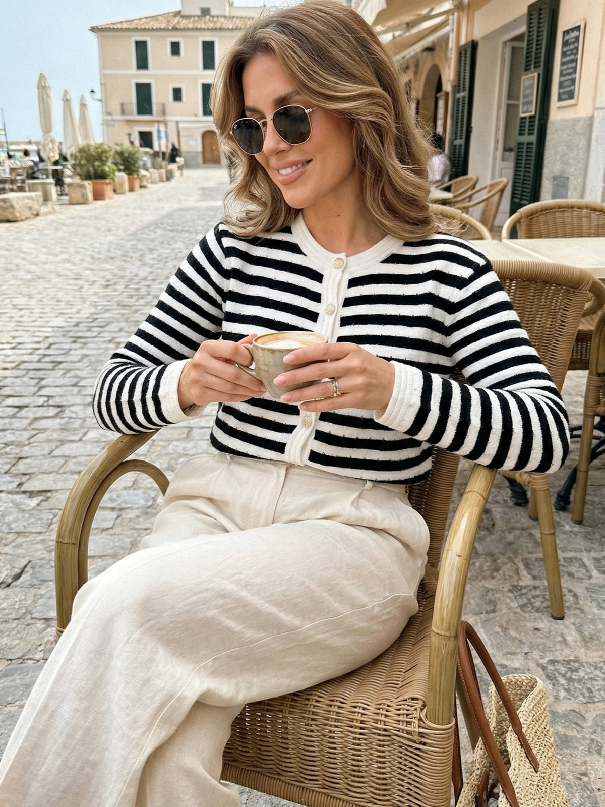 Women's Striped Cardigan Sweater Long Sleeve Knit Ribbed Top
