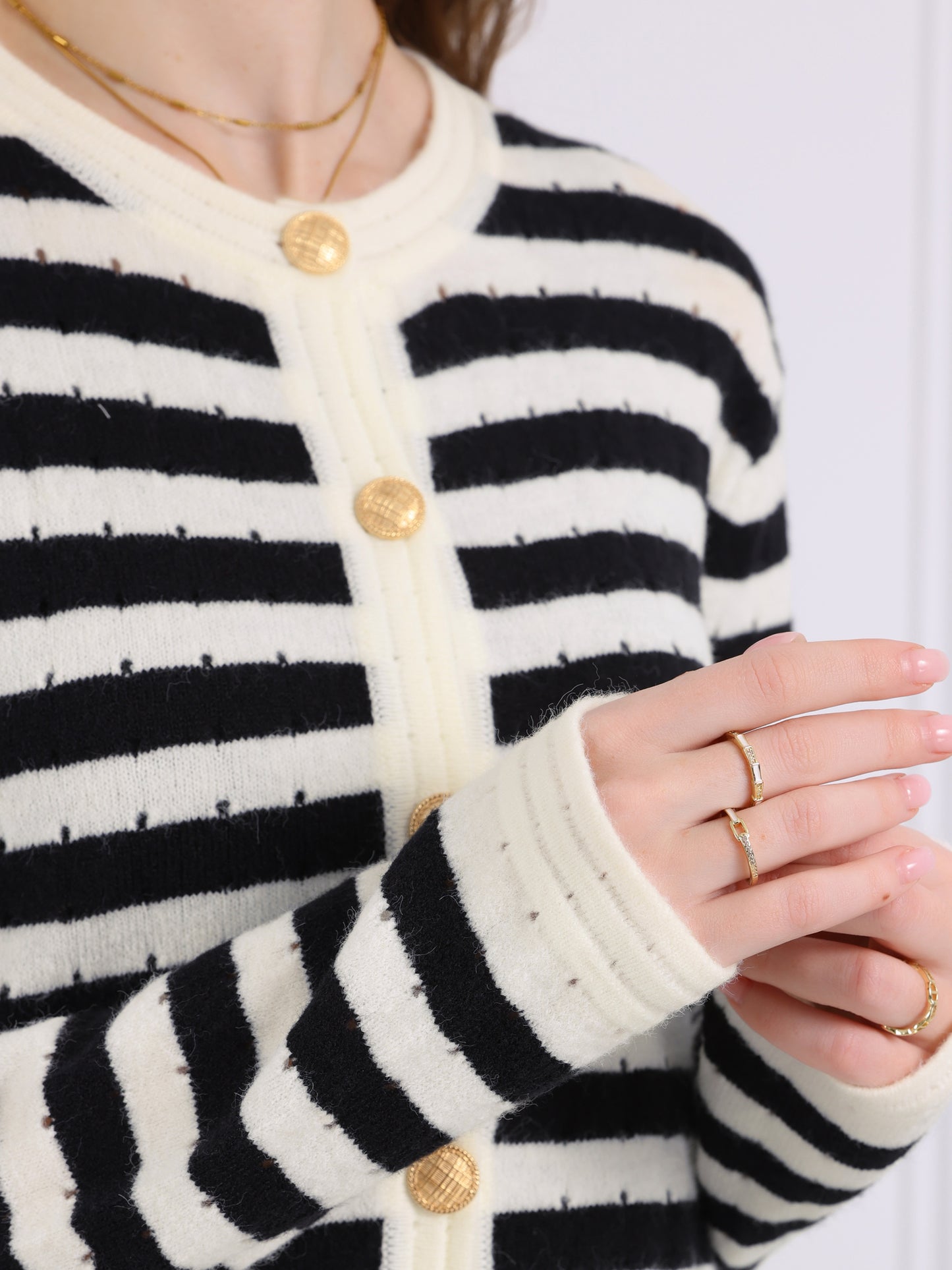 Suéter tipo cárdigan a rayas para mujer, blusa informal de punto de manga larga con canalé para primavera