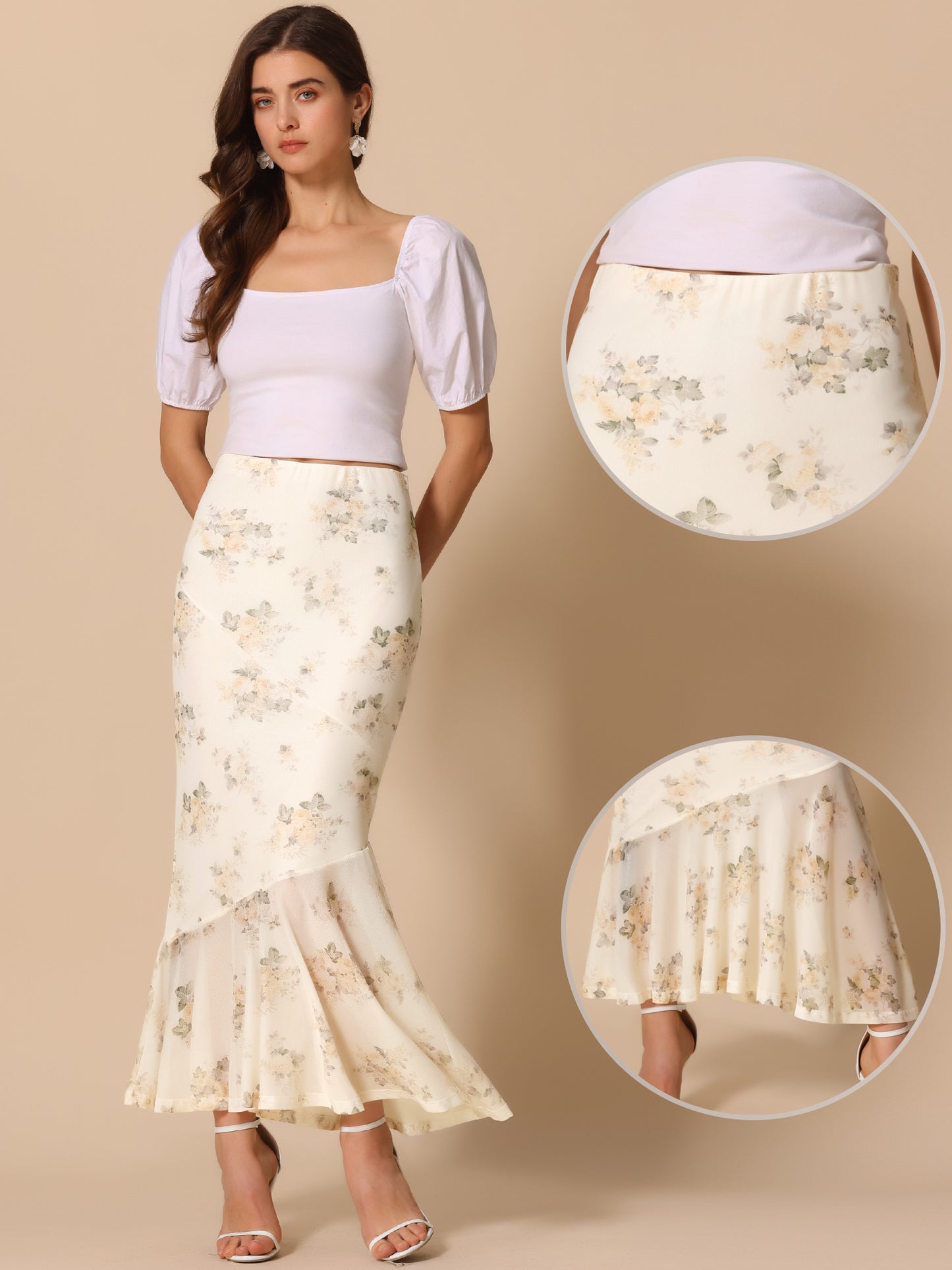 Women's Ruffle Hem Floral Summer Long Fishtail Mesh Mermaid Maxi Skirt