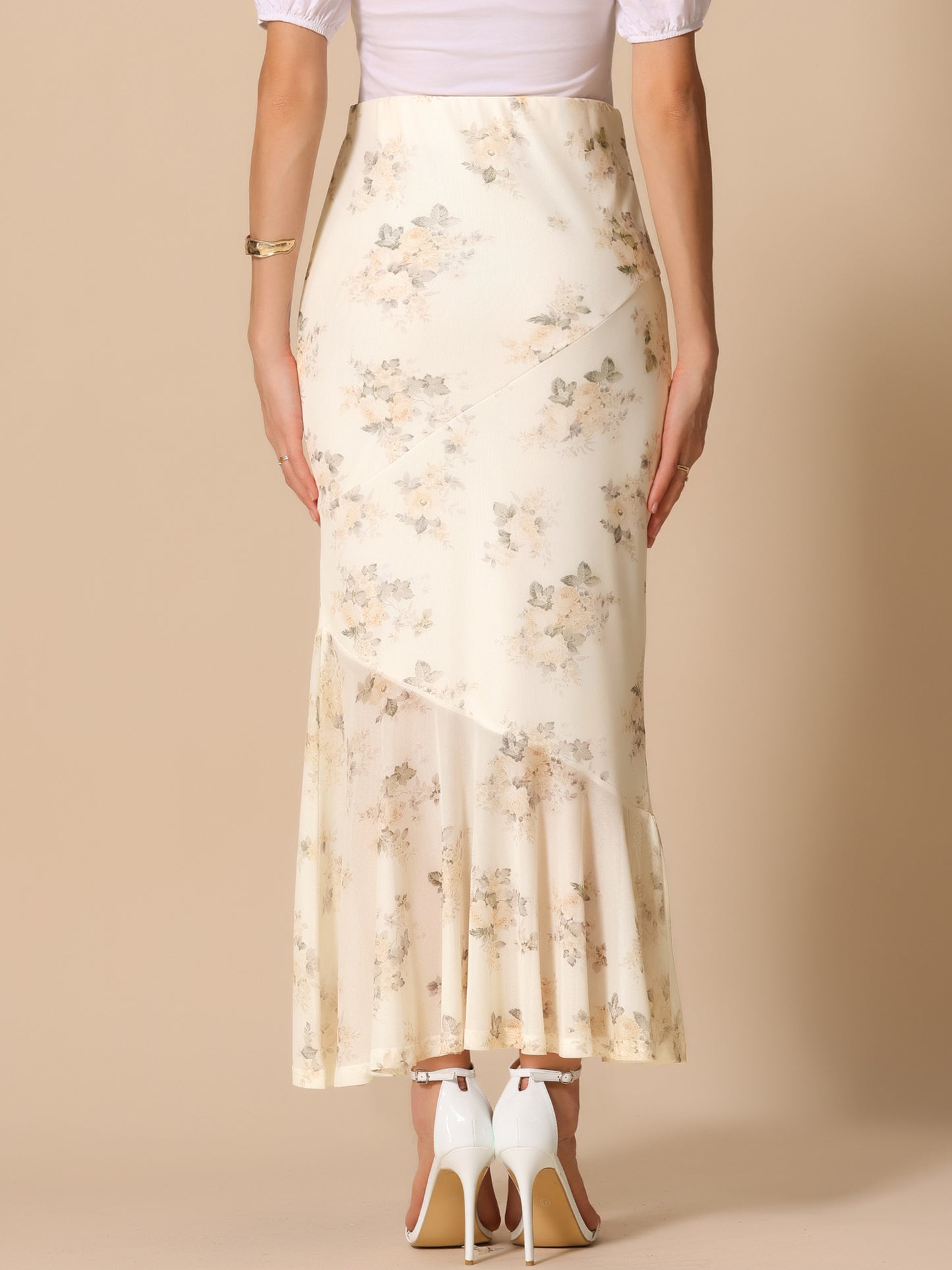 Women's Ruffle Hem Floral Summer Long Fishtail Mesh Mermaid Maxi Skirt