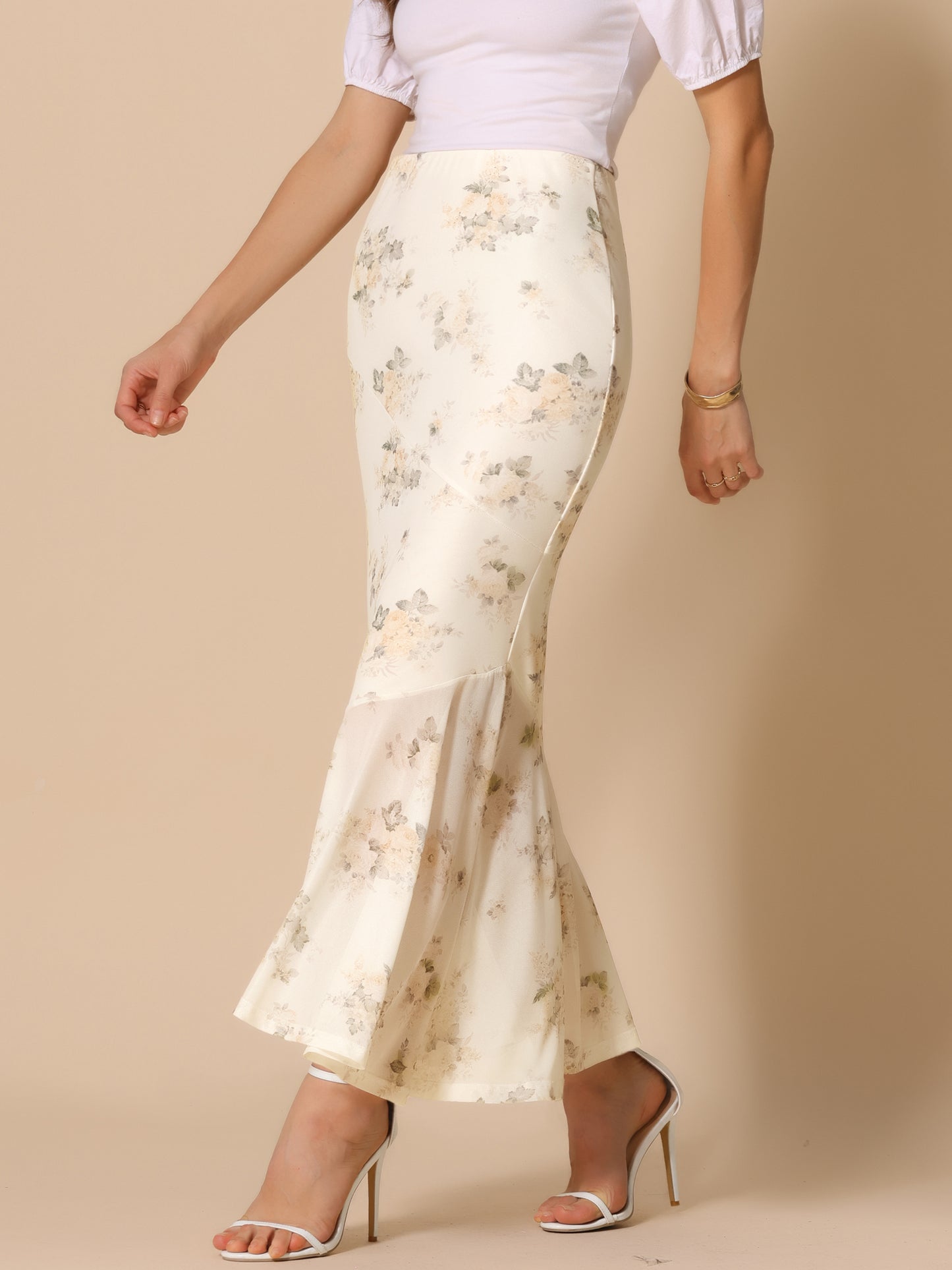 Women's Ruffle Hem Floral Summer Long Fishtail Mesh Mermaid Maxi Skirt