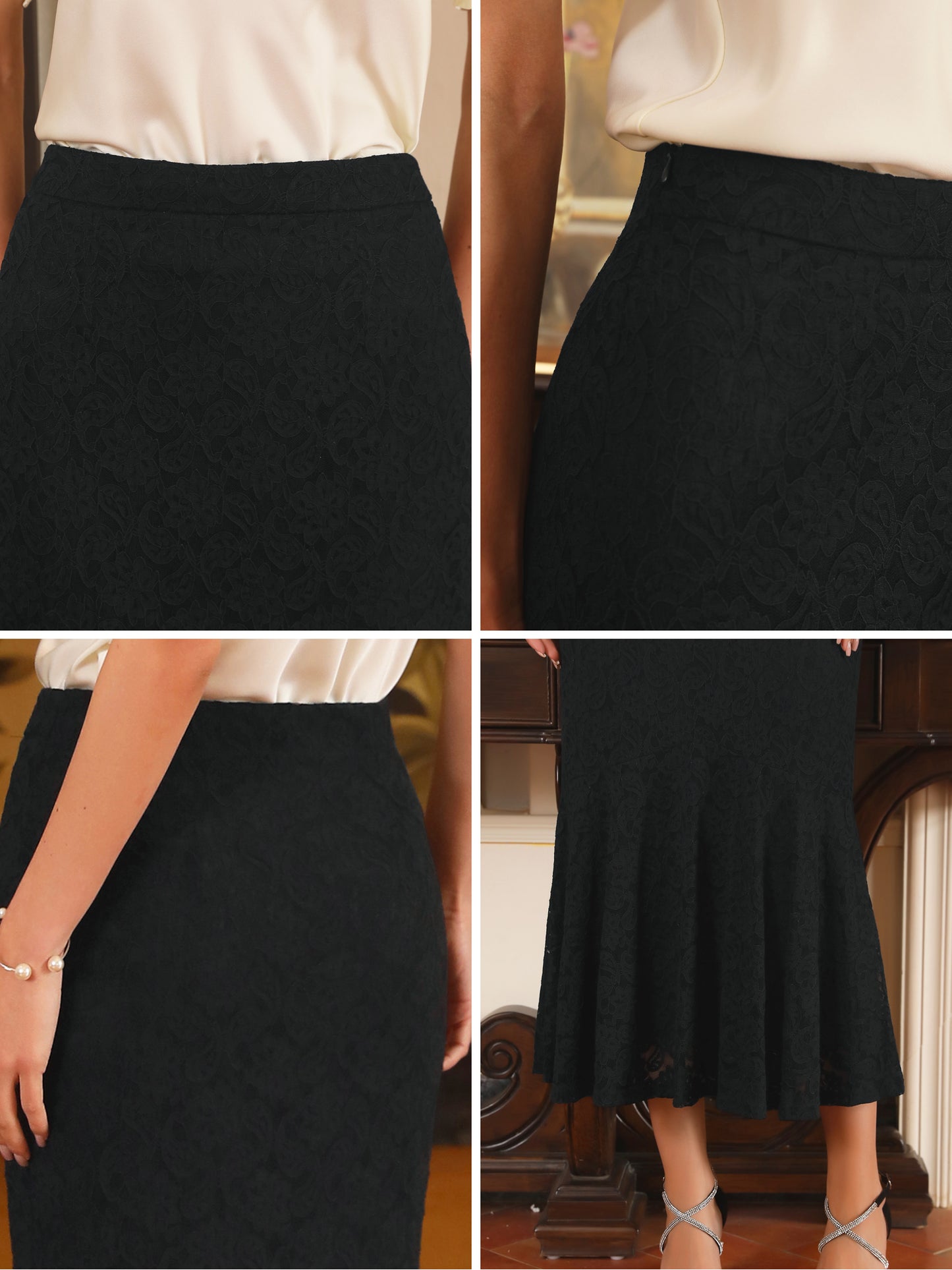 Women's Cocktail Wedding Guest Lace Ruffle Hem Midi Mermaid Skirt