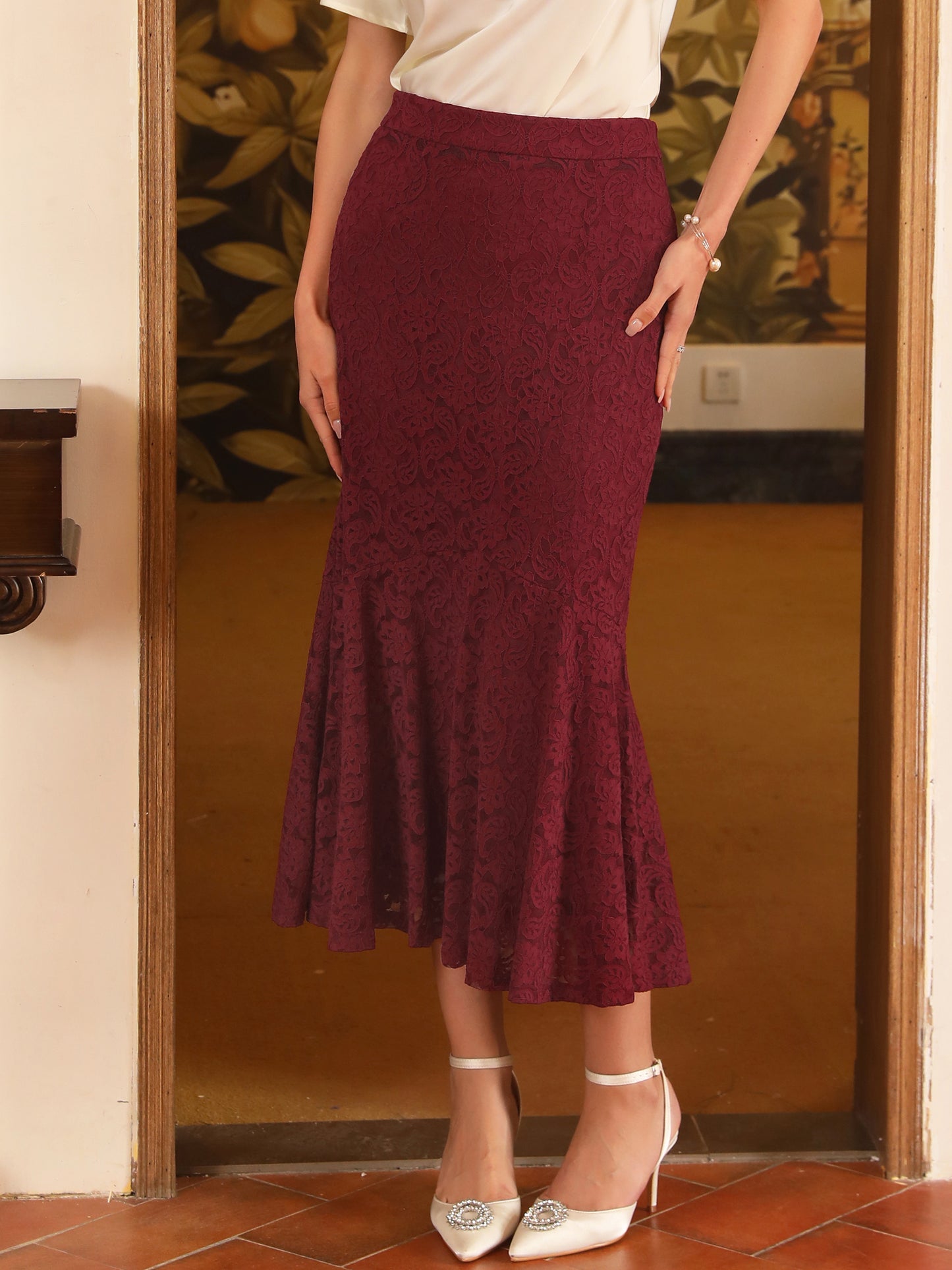Women's Cocktail Wedding Guest Lace Ruffle Hem Midi Mermaid Skirt