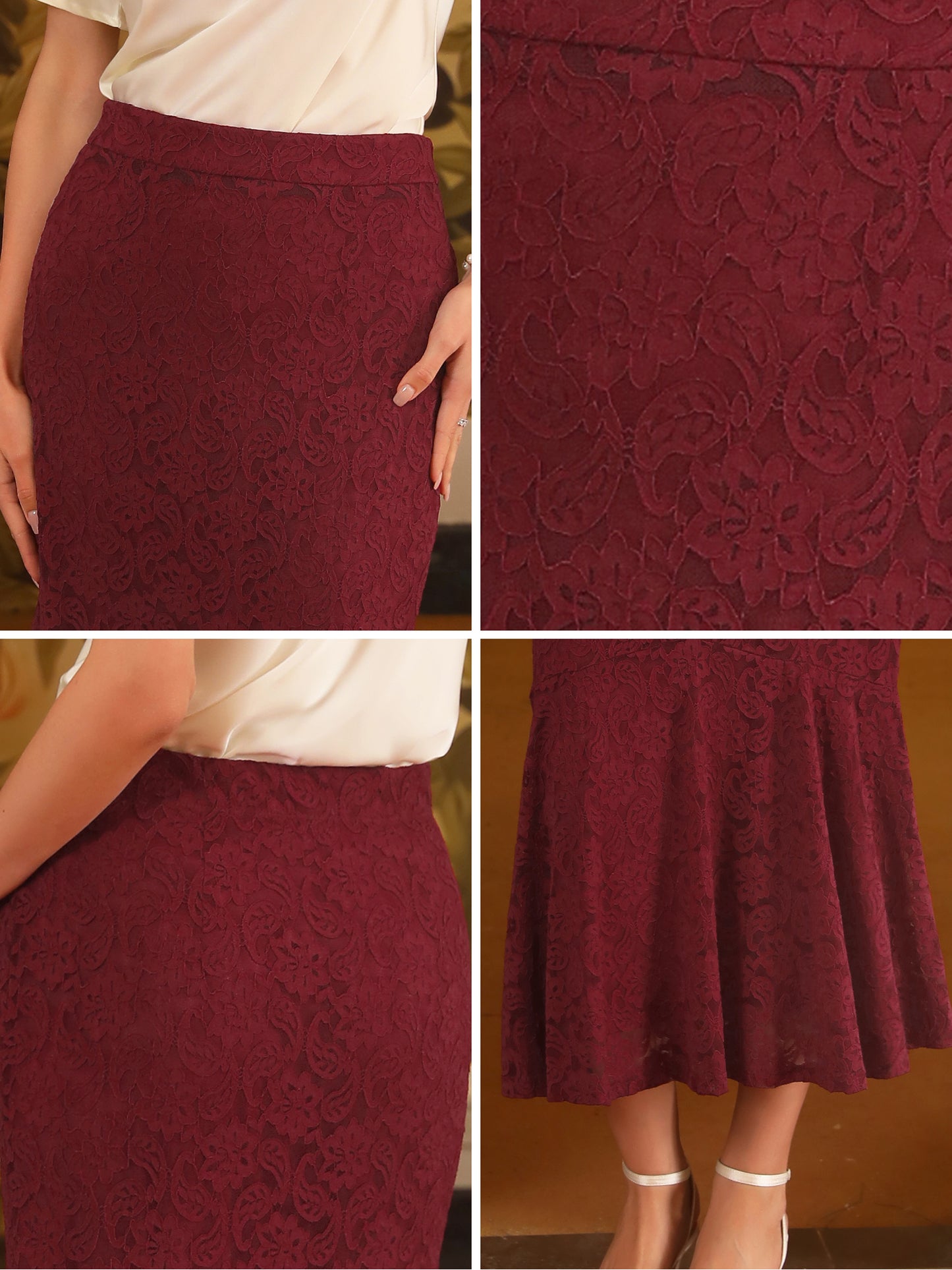 Women's Cocktail Wedding Guest Lace Ruffle Hem Midi Mermaid Skirt