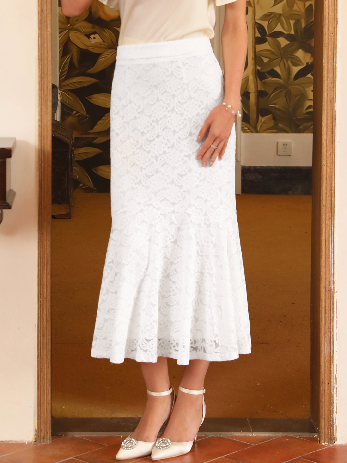 Women's Cocktail Wedding Guest Lace Ruffle Hem Midi Mermaid Skirt