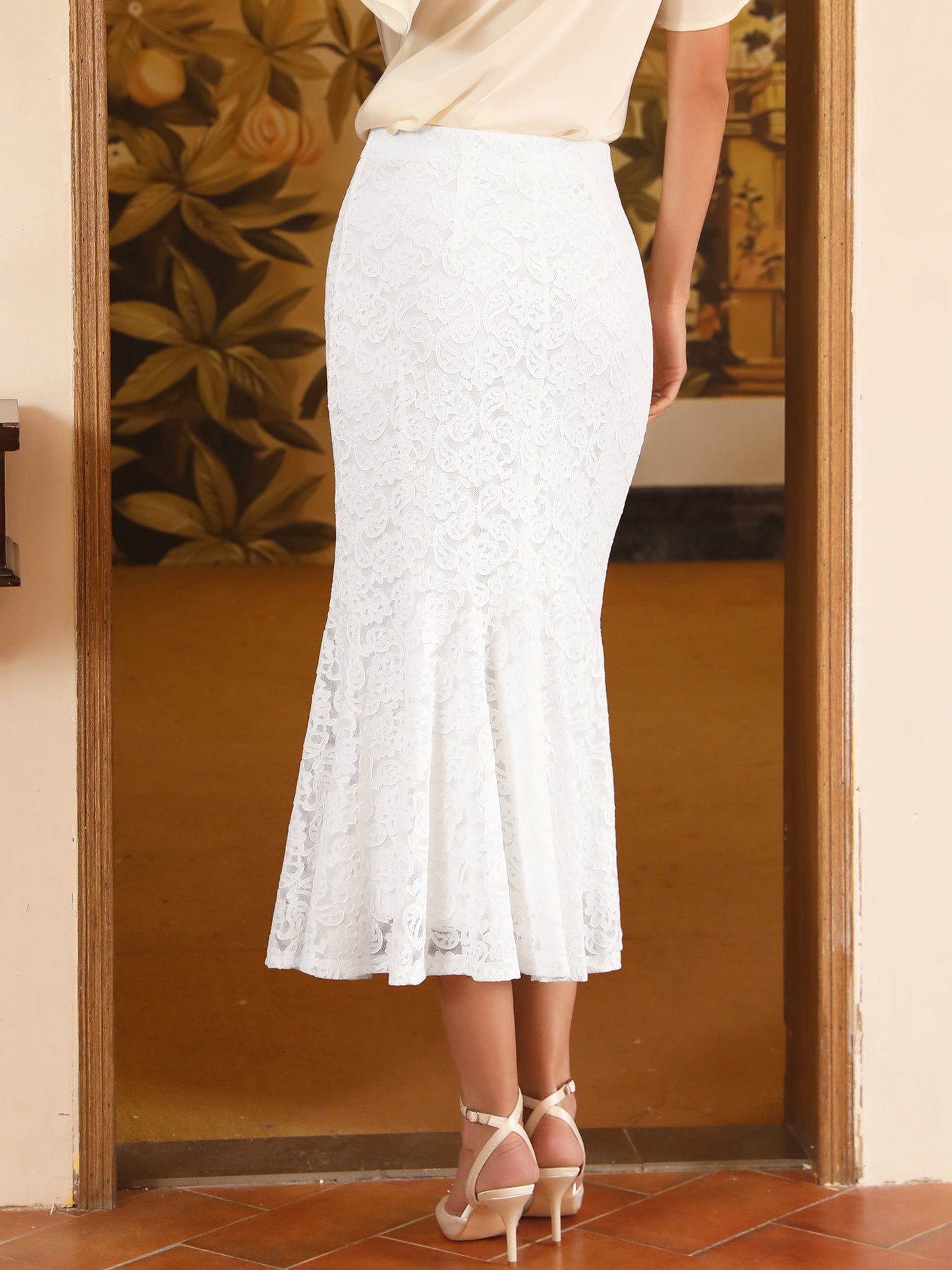 Women's Cocktail Wedding Guest Lace Ruffle Hem Midi Mermaid Skirt