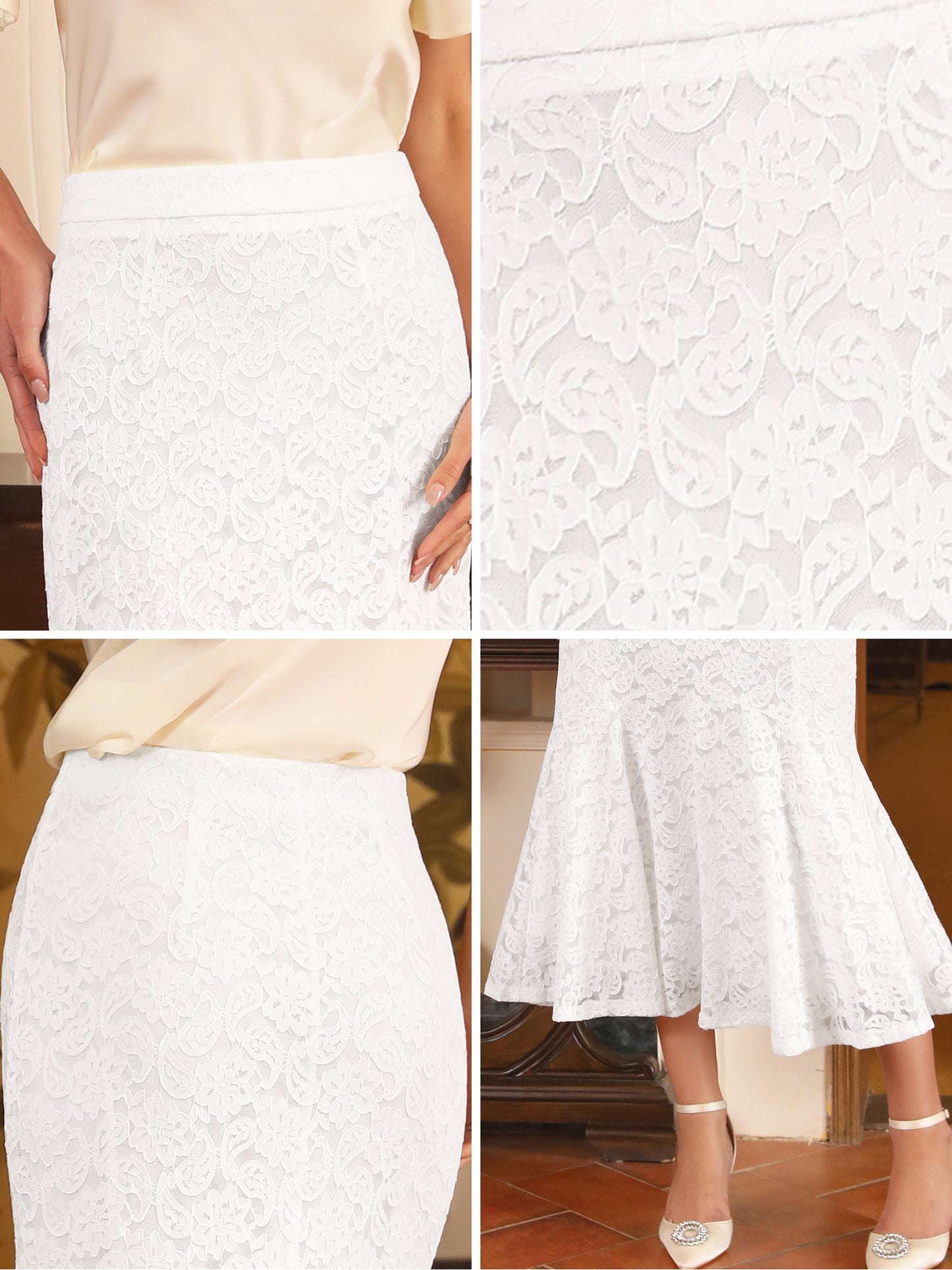 Women's Cocktail Wedding Guest Lace Ruffle Hem Midi Mermaid Skirt