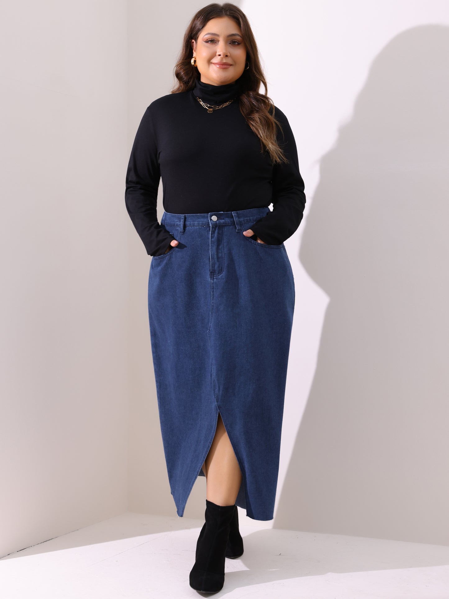 Women's Plus Size Vintage Denim Maxi Skirt Frayed Raw Hem High Waist Front Slit Long Jean Skirts
