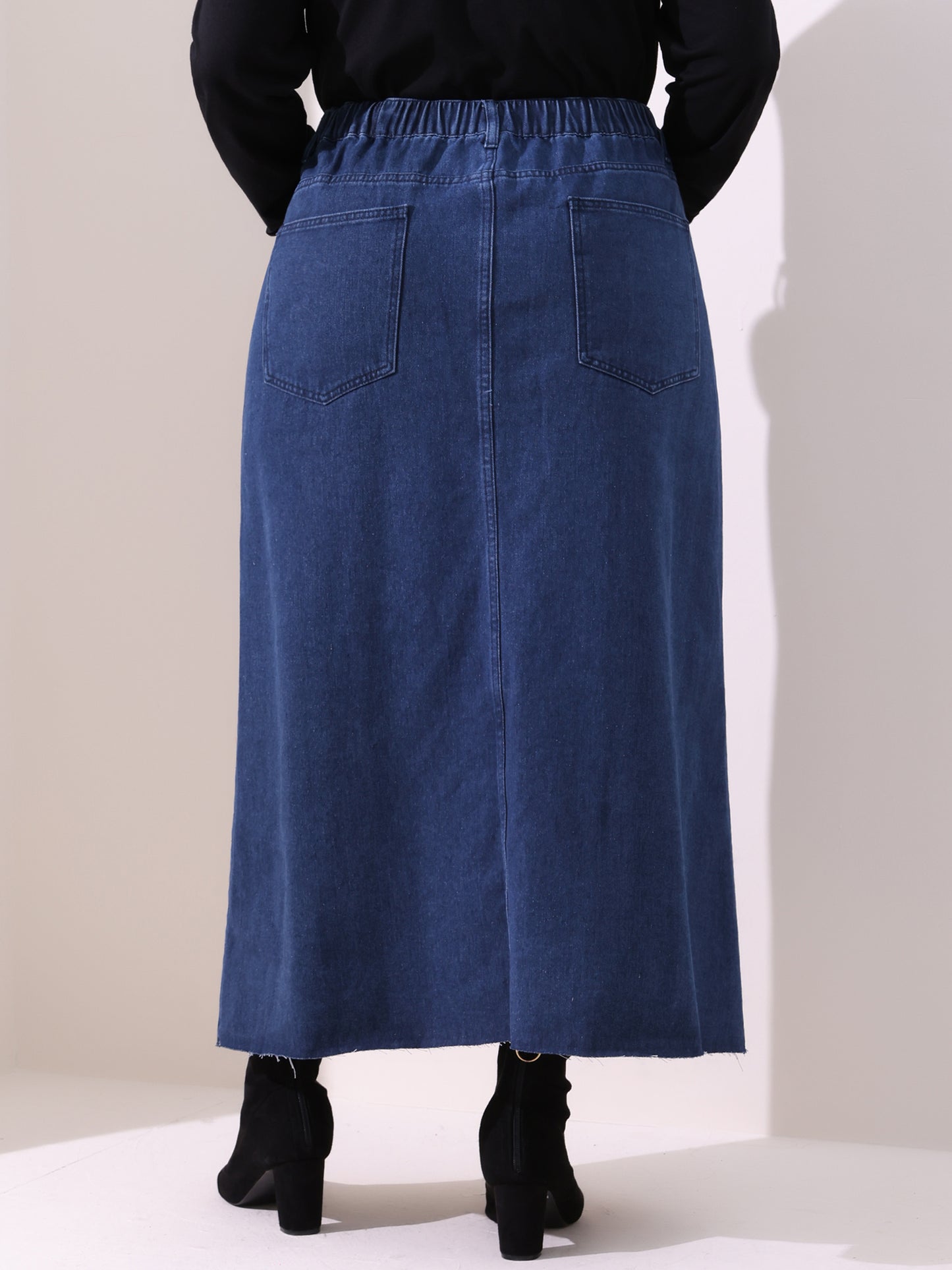 Women's Plus Size Vintage Denim Maxi Skirt Frayed Raw Hem High Waist Front Slit Long Jean Skirts