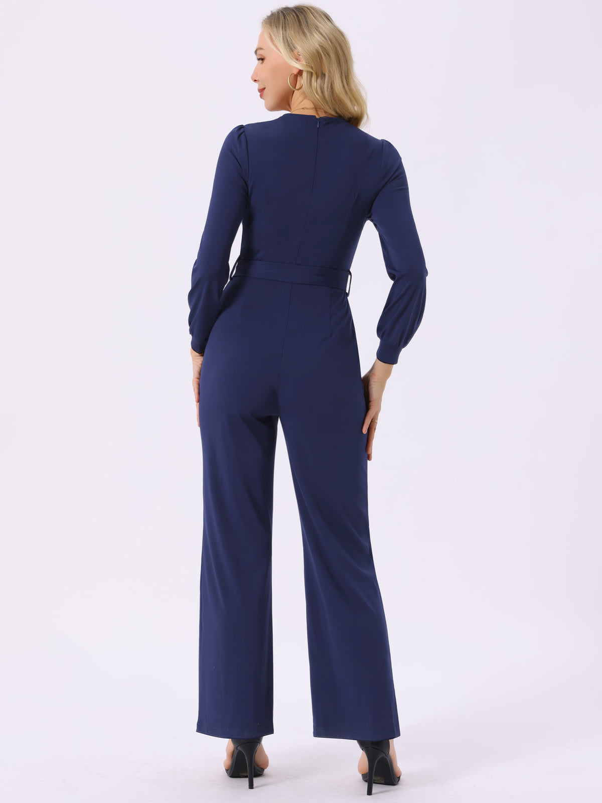 Women's Long Sleeve V Neck Jumpsuit Belted Stretchy Wide Leg Long Pant Romper with Pockets