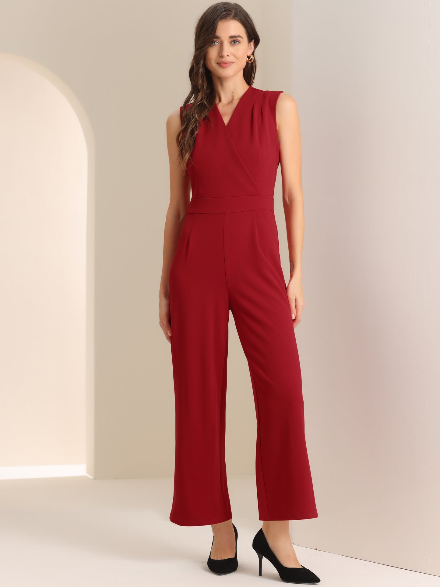 Women's Elegant Jumpsuit V Neck Wrap Front High Waist Wide Leg Long Pants Jumpsuits