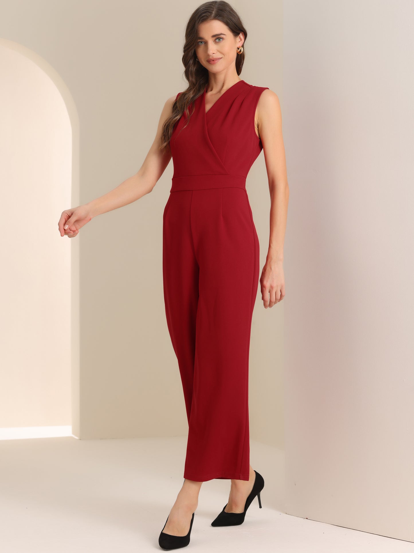 Women's Elegant Jumpsuit V Neck Wrap Front High Waist Wide Leg Long Pants Jumpsuits