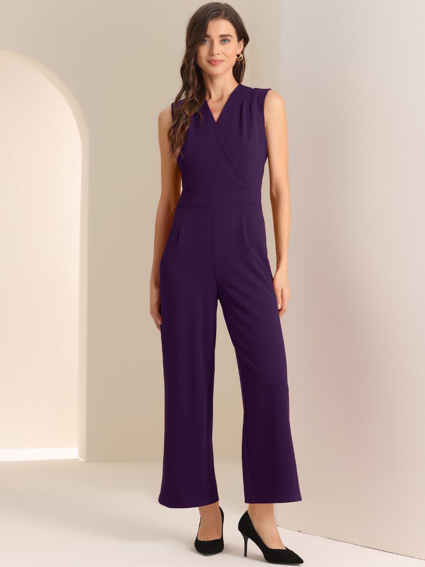 Women's Elegant Jumpsuit V Neck Wrap Front High Waist Wide Leg Long Pants Jumpsuits