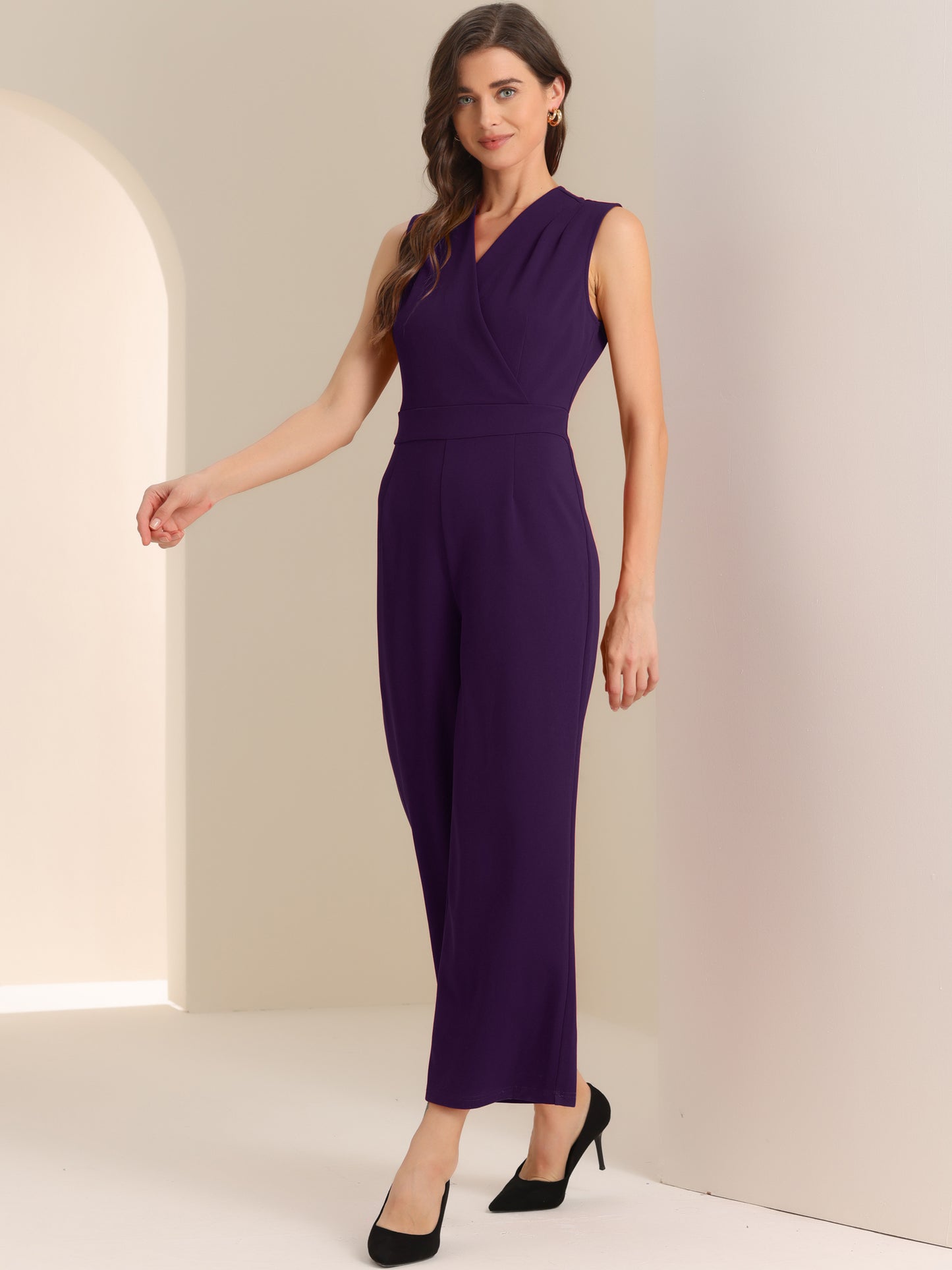 Women's Elegant Jumpsuit V Neck Wrap Front High Waist Wide Leg Long Pants Jumpsuits