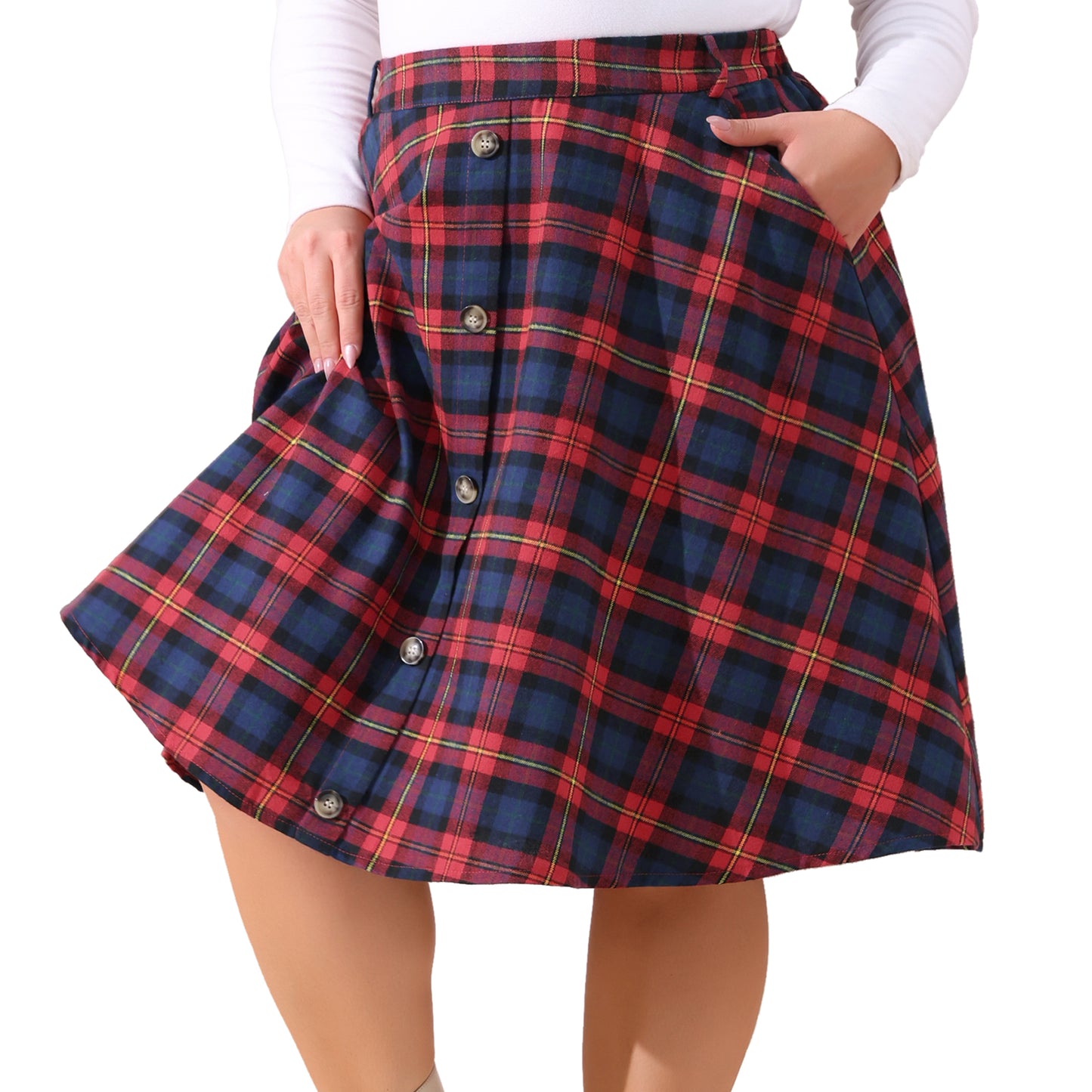 Women Plus Size Vintage Skirt Plaid Elastic High Waist Button Front A-Line Skirt with Pockets