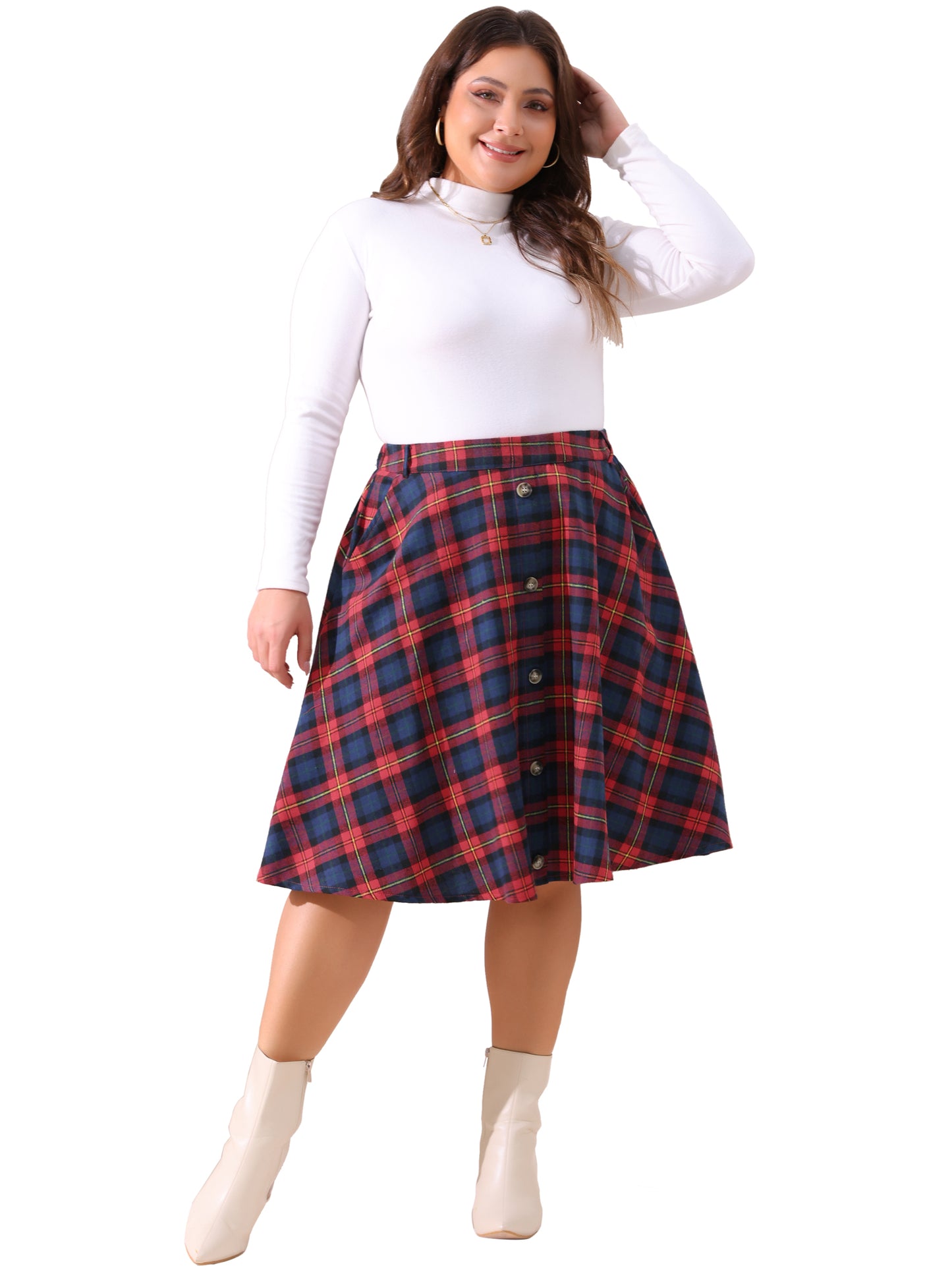 Women Plus Size Vintage Skirt Plaid Elastic High Waist Button Front A-Line Skirt with Pockets