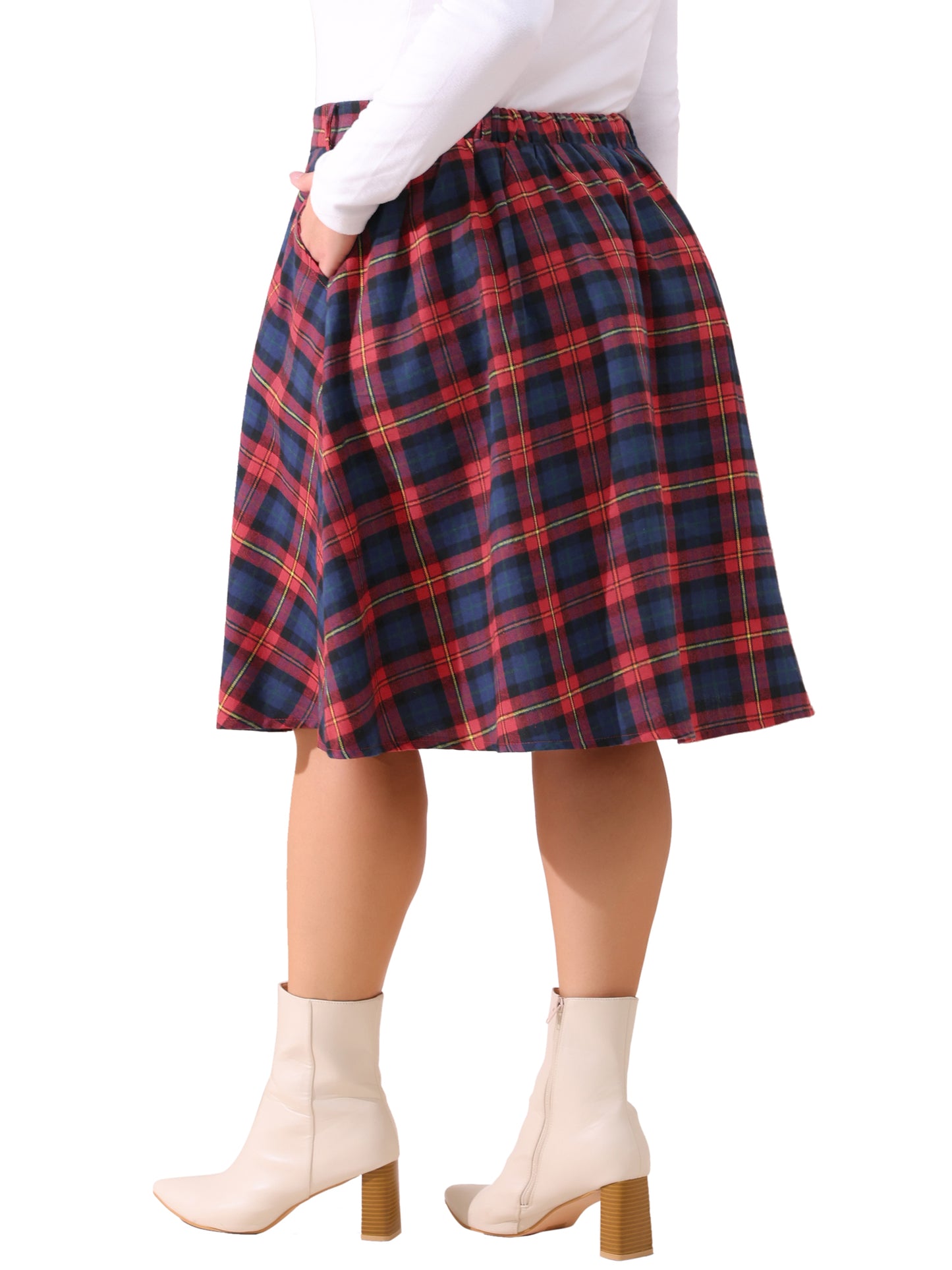 Women Plus Size Vintage Skirt Plaid Elastic High Waist Button Front A-Line Skirt with Pockets