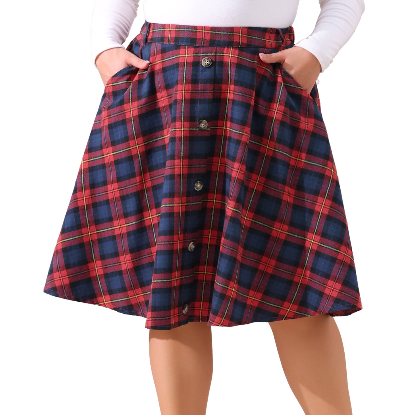 Women Plus Size Vintage Skirt Plaid Elastic High Waist Button Front A-Line Skirt with Pockets