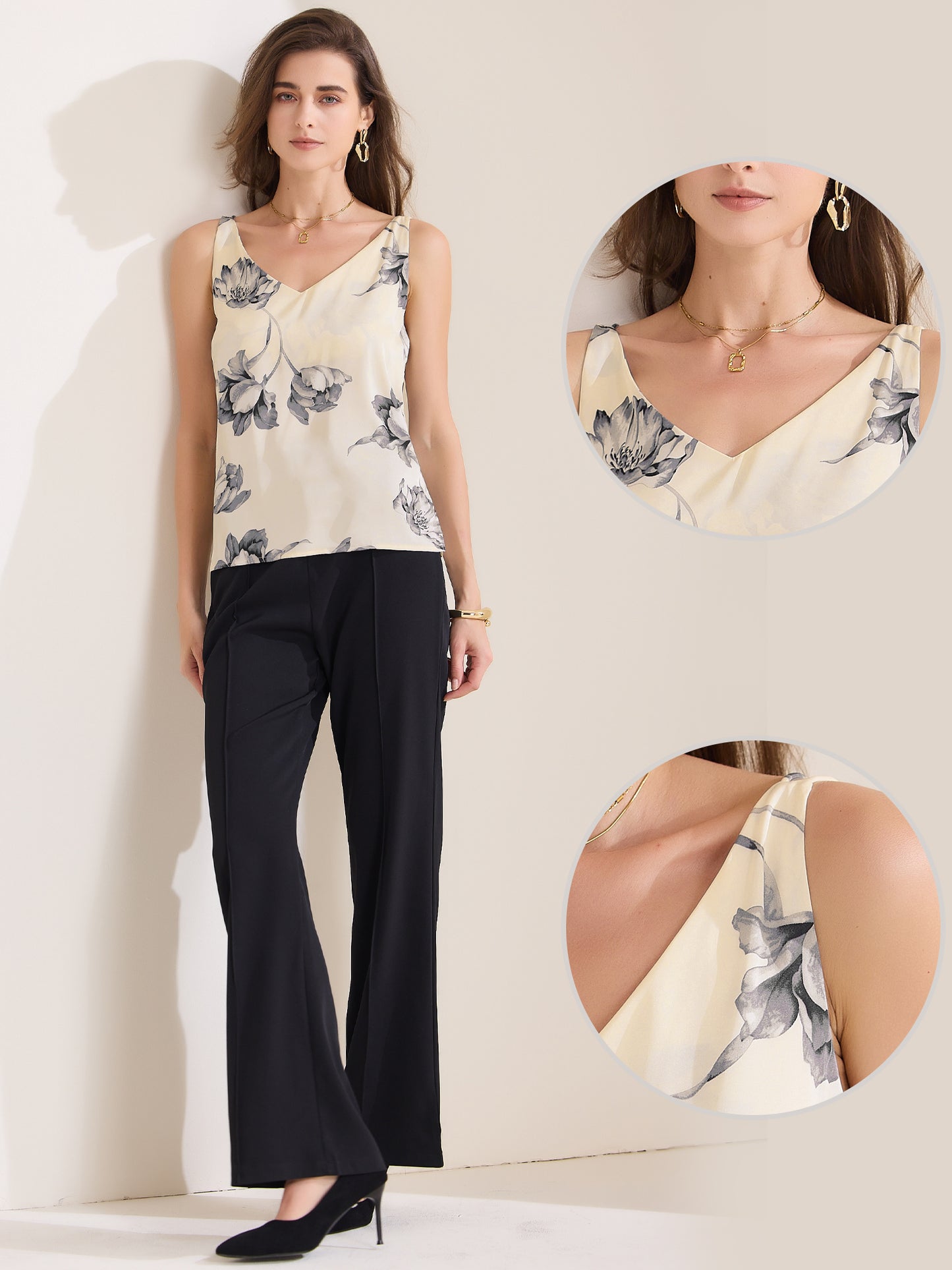 Camisola de satén floral sin mangas con cuello en V para mujer