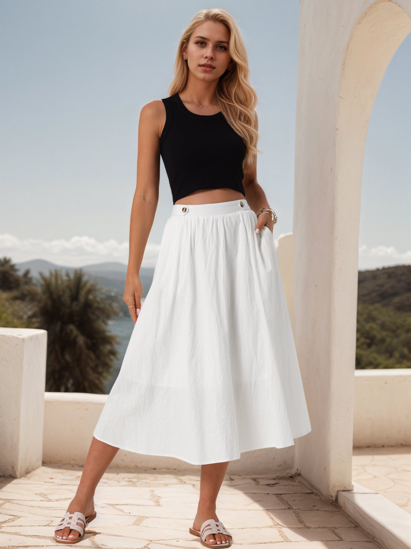 Women's Midi Skirt Elastic Waist A Line Casual Skirts Swing Long Summer Skirt with Pockets