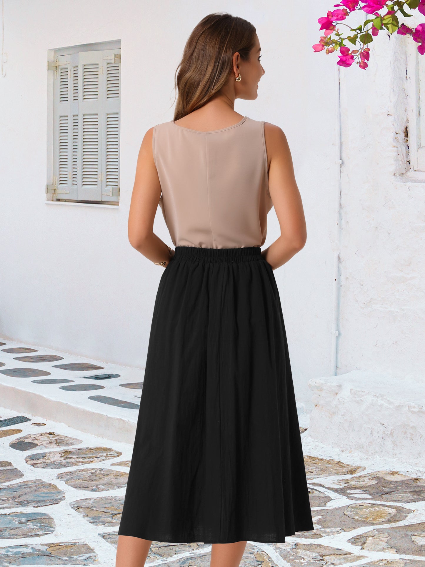 Women's Midi Skirt Elastic Waist A Line Casual Skirts Swing Long Summer Skirt with Pockets