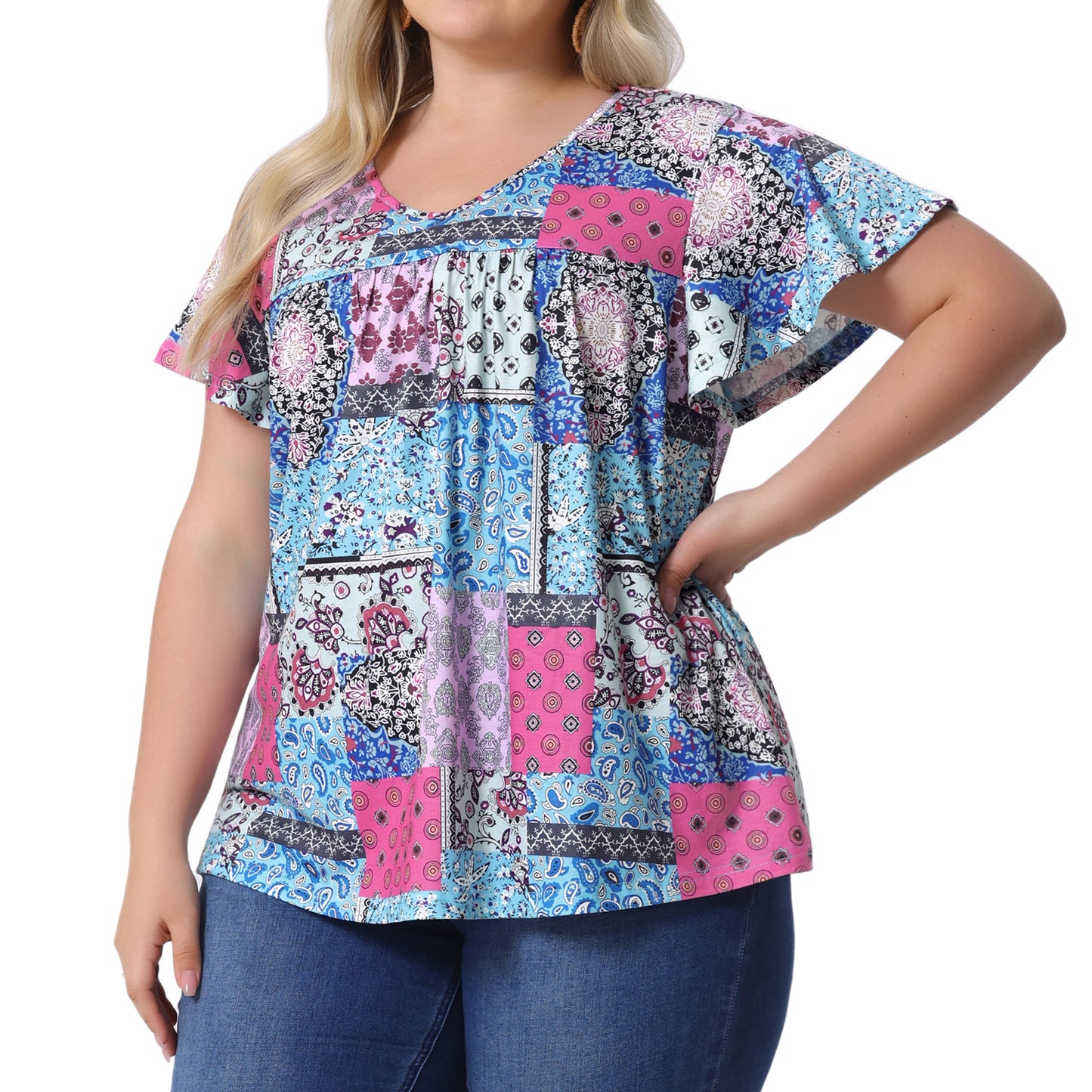 Women's Plus Size V Neck Ruffle Short Sleeve Tops Summer Blouse