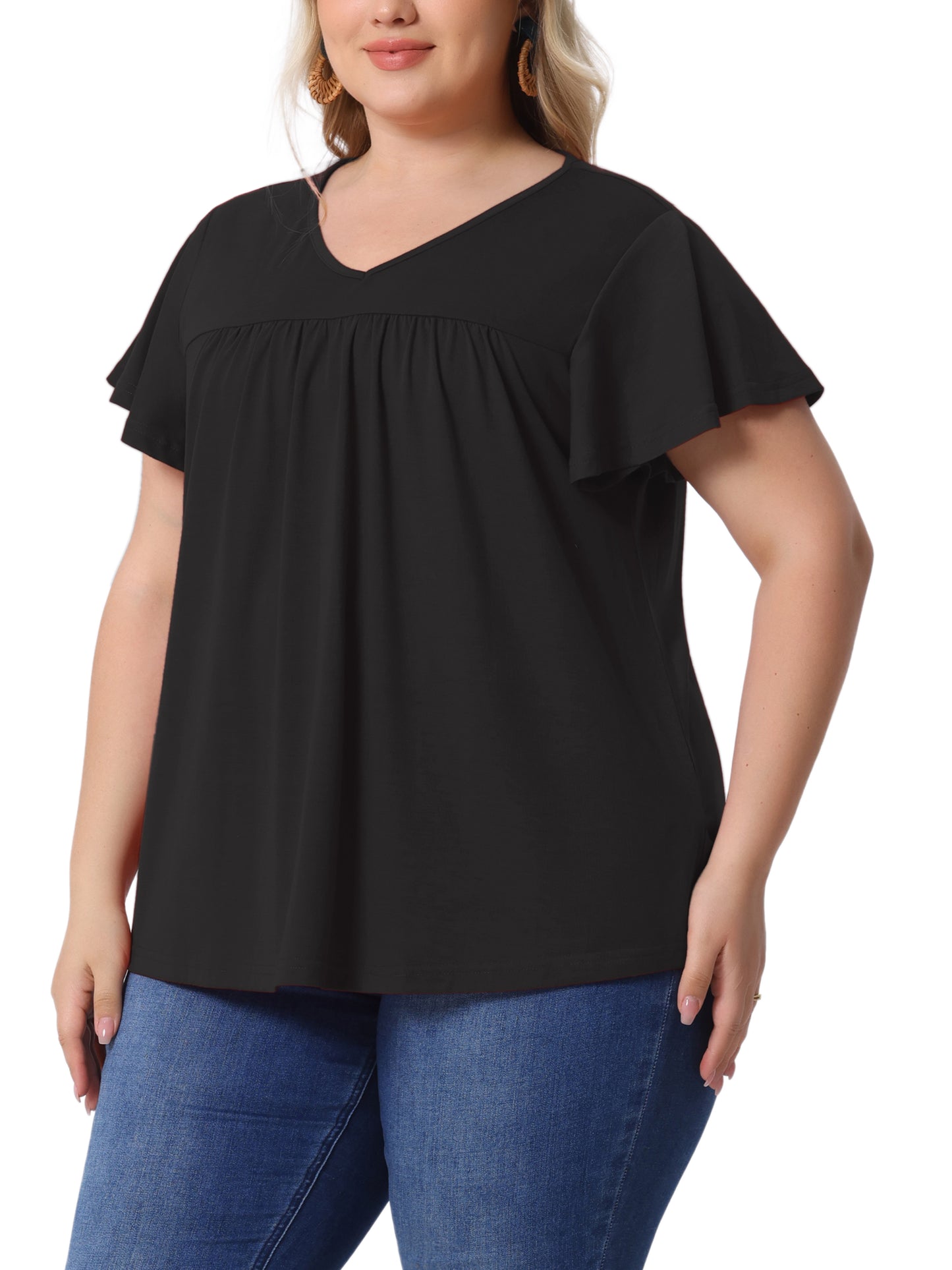 Women's Plus Size V Neck Ruffle Short Sleeve Tops Summer Blouse