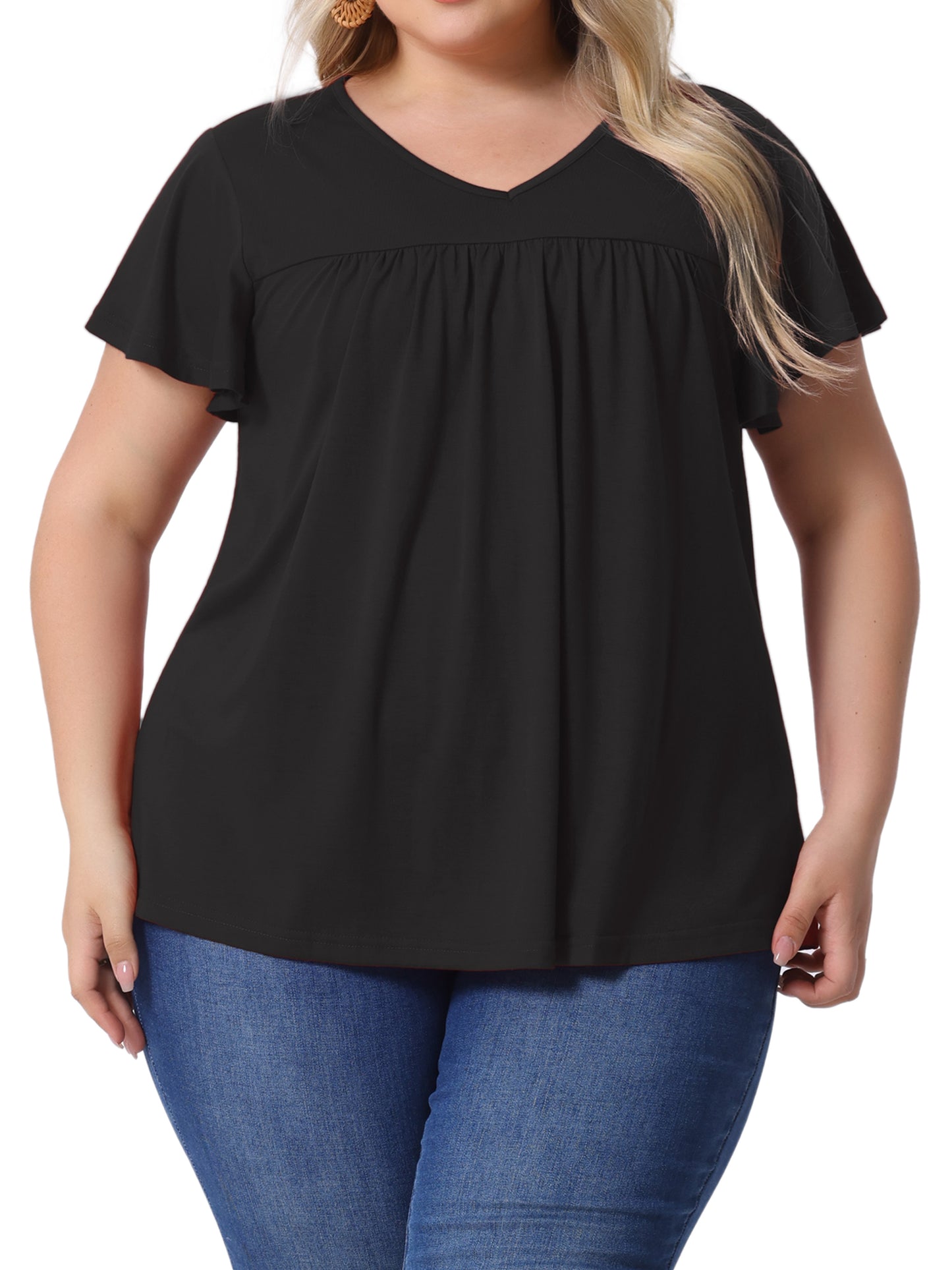 Women's Plus Size V Neck Ruffle Short Sleeve Tops Summer Blouse