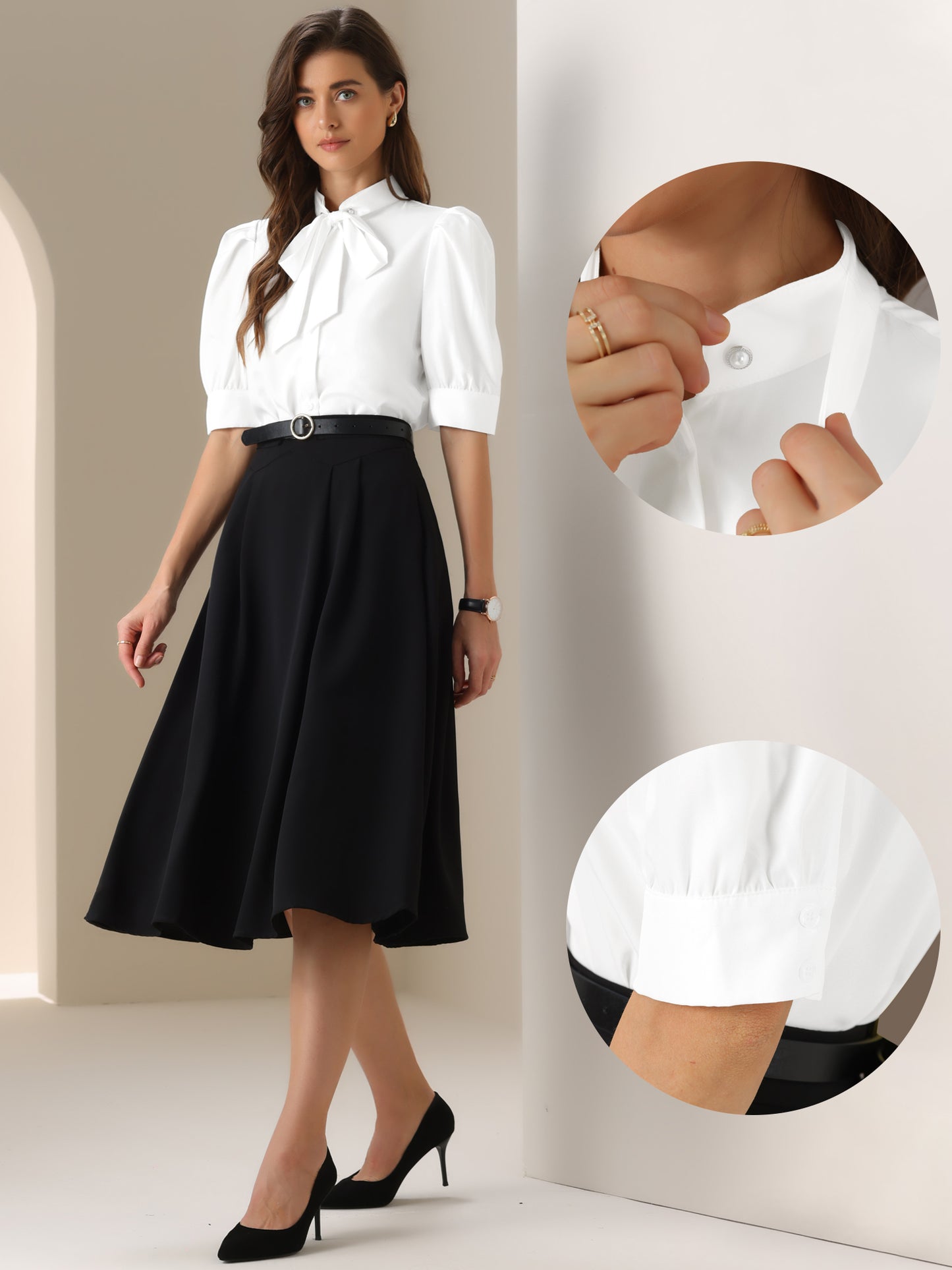 Women's Tie Neck Button Down Short Sleeve Blouse Work Bodysuit Top