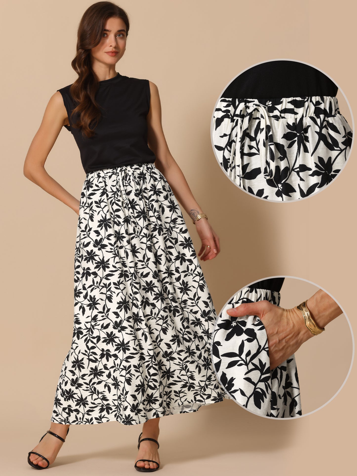 Women's Summer Elastic High Waisted Flowy A-Line Floral Maxi Skirt