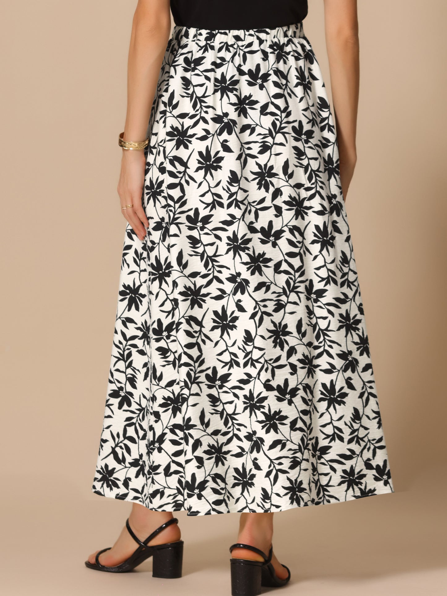 Women's Summer Elastic High Waisted Flowy A-Line Floral Maxi Skirt